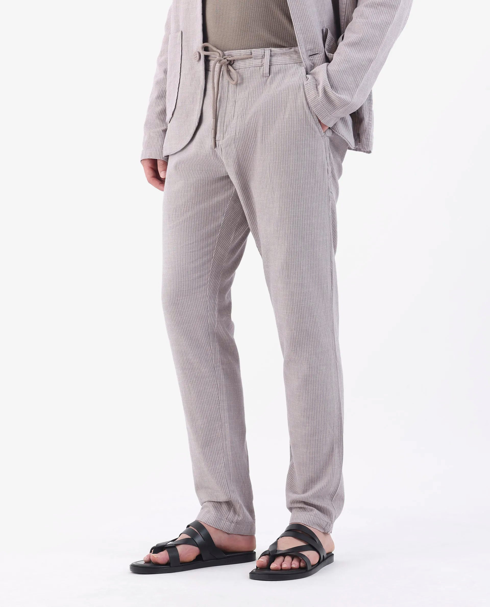 Rare Rabbit Men's Brera Puprle Linen Blend Striped Print Regular Fit Trouser