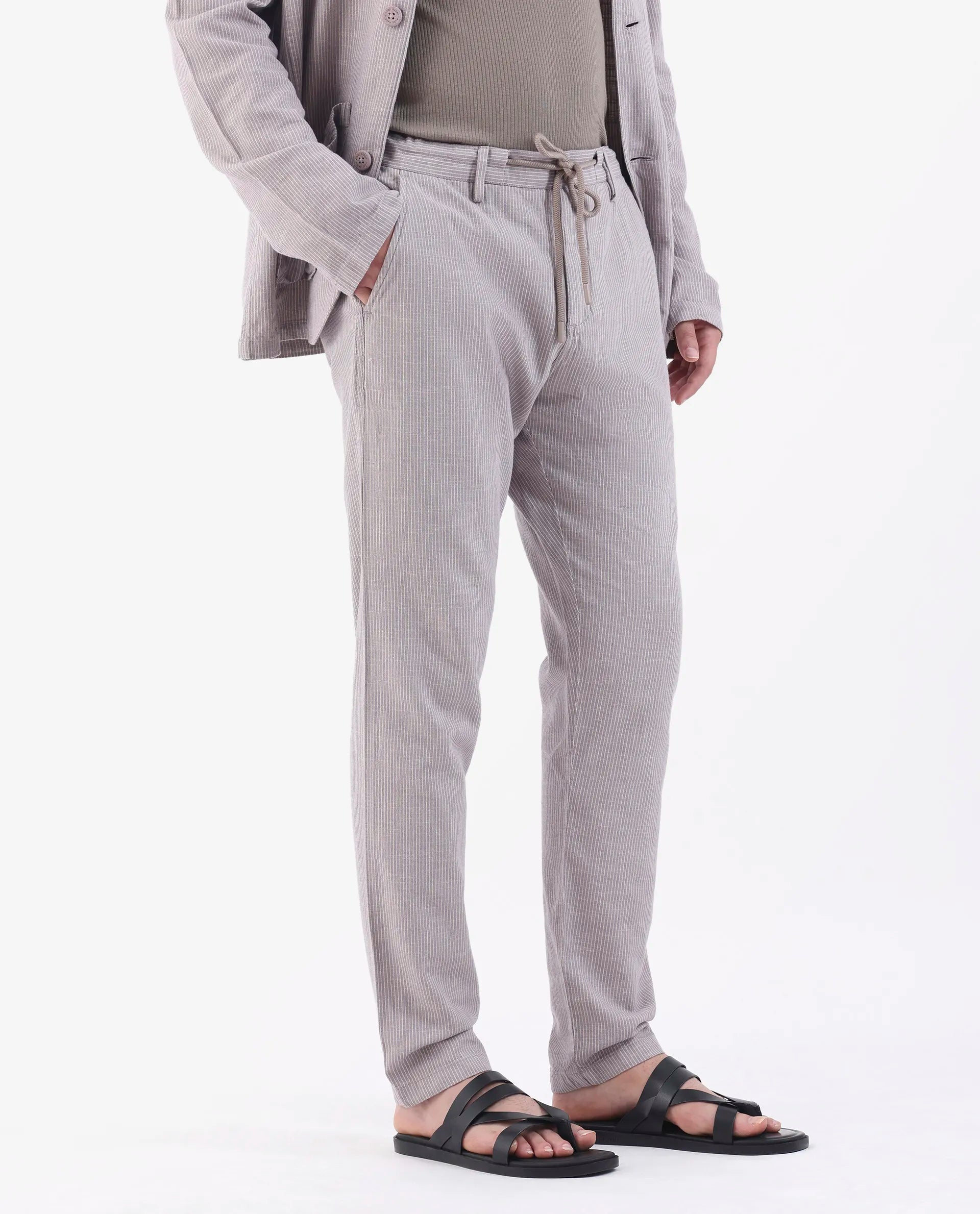 Rare Rabbit Men's Brera Puprle Linen Blend Striped Print Regular Fit Trouser