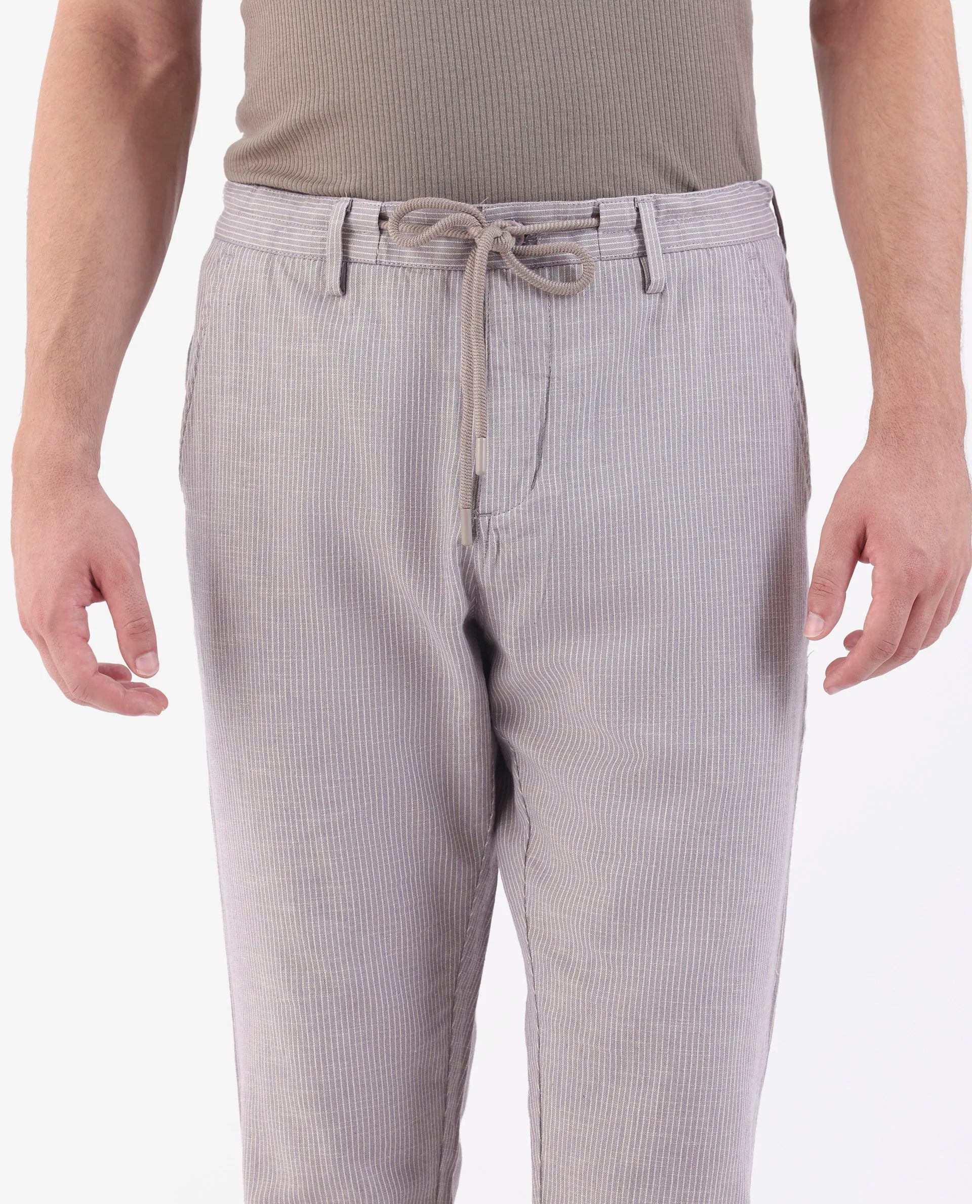 Rare Rabbit Men's Brera Puprle Linen Blend Striped Print Regular Fit Trouser