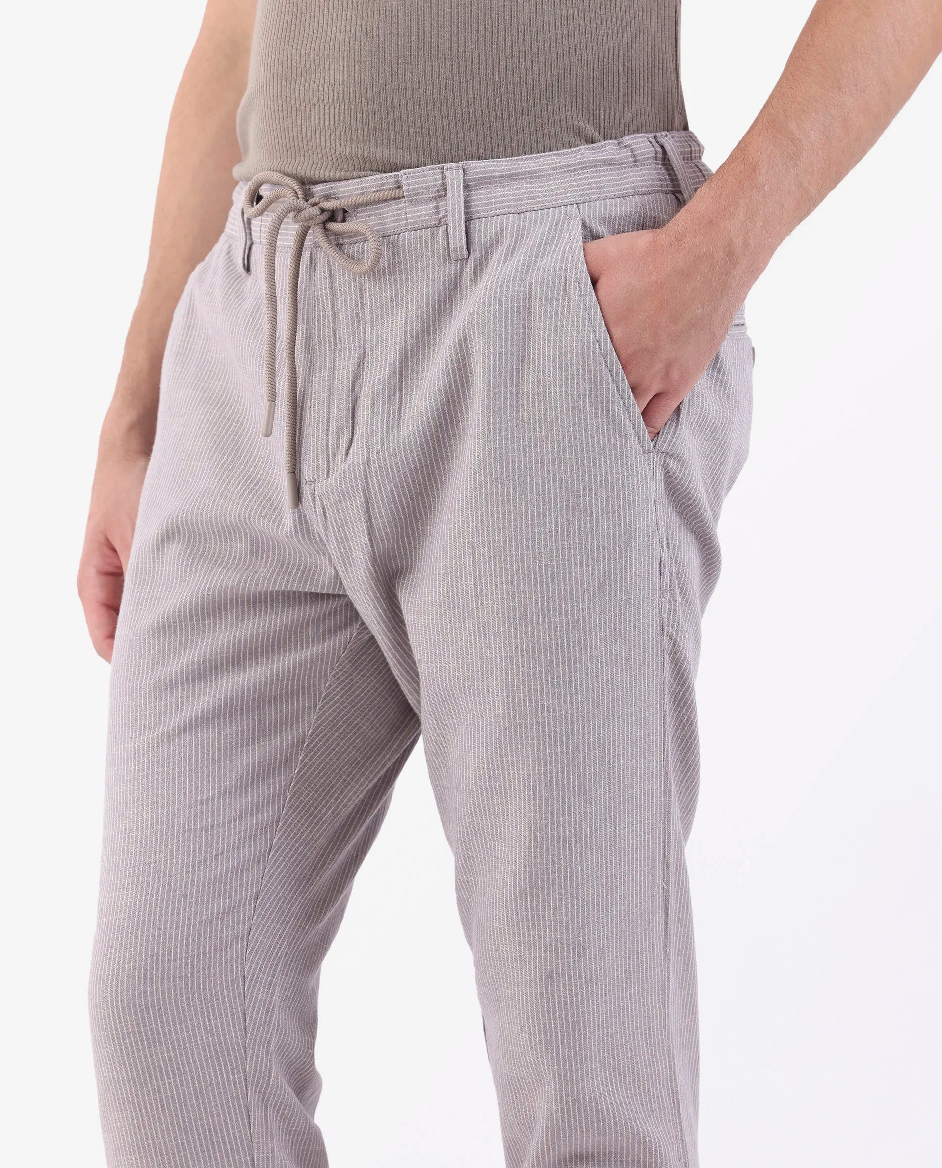 Rare Rabbit Men's Brera Puprle Linen Blend Striped Print Regular Fit Trouser