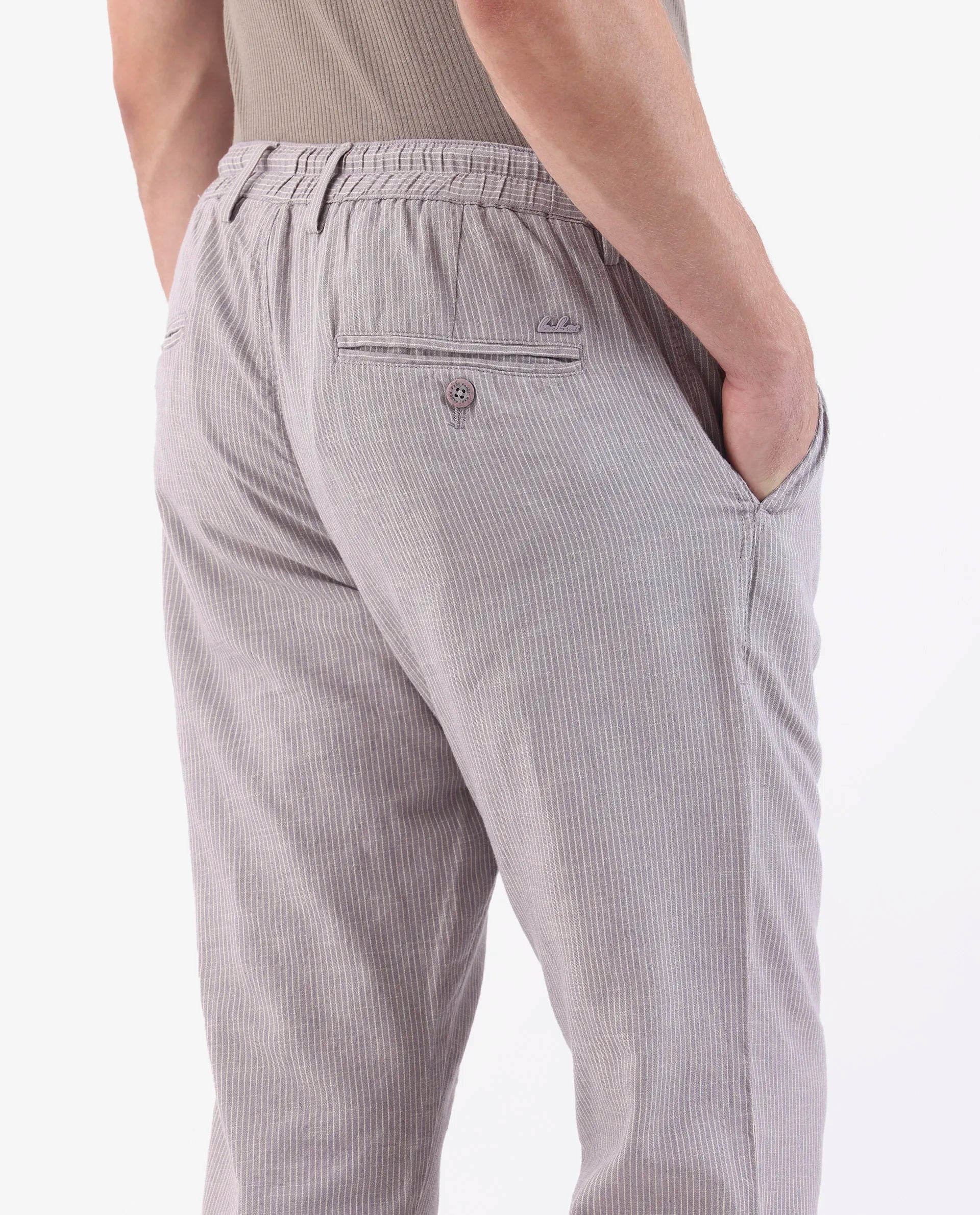 Rare Rabbit Men's Brera Puprle Linen Blend Striped Print Regular Fit Trouser