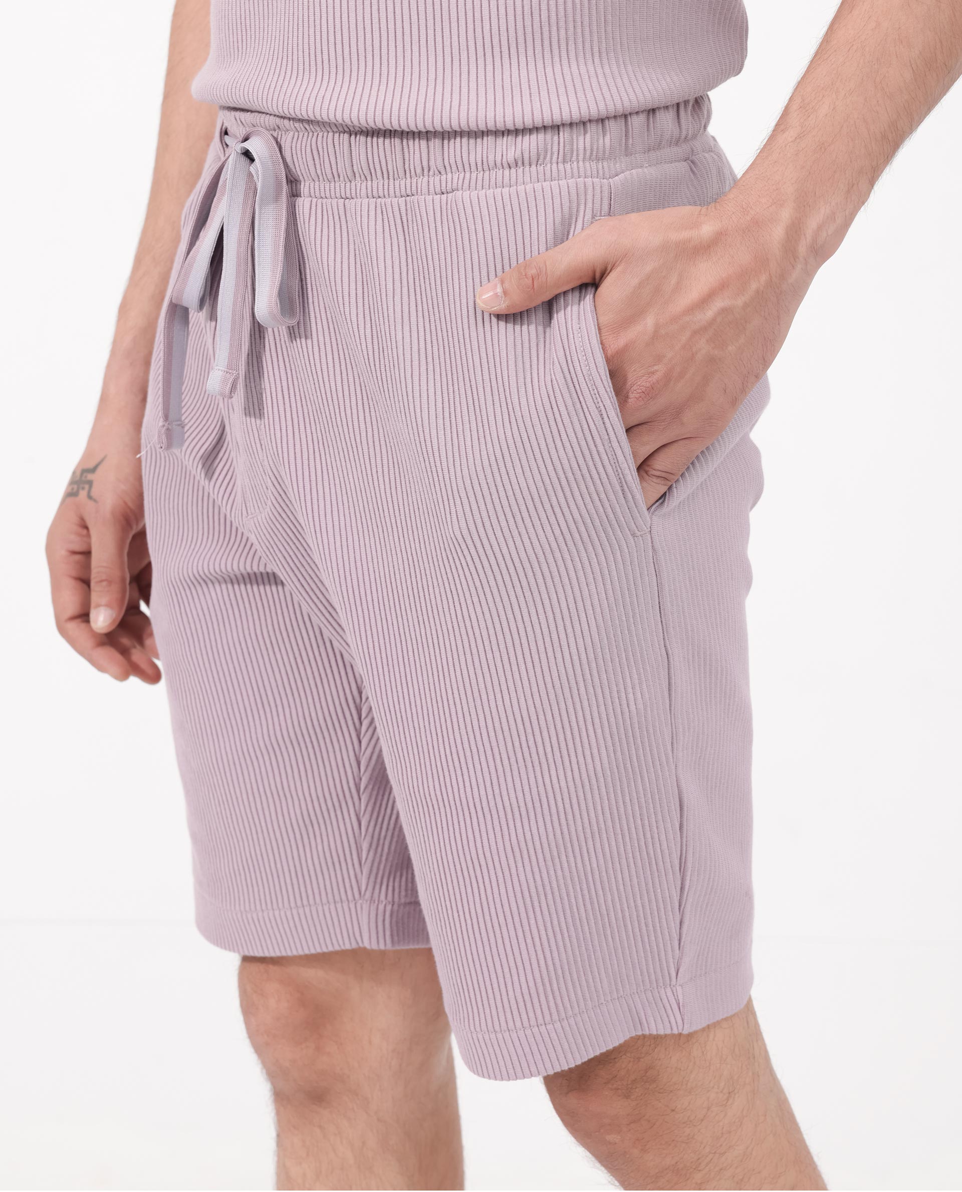Rare Rabbit Mens Breto Dusky Purple Cotton Polyester Lycra Ribbed Texture Shorts
