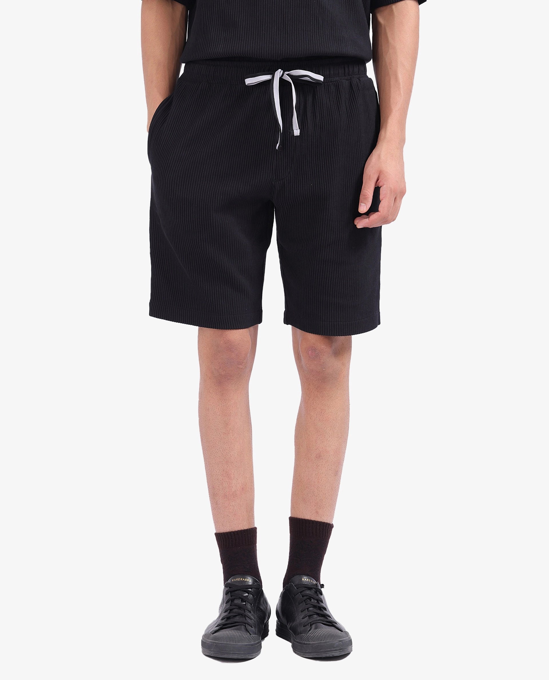 Rare Rabbit Men Breto-1 Black Cotton Polyester Lycra Ribbed Texture Shorts
