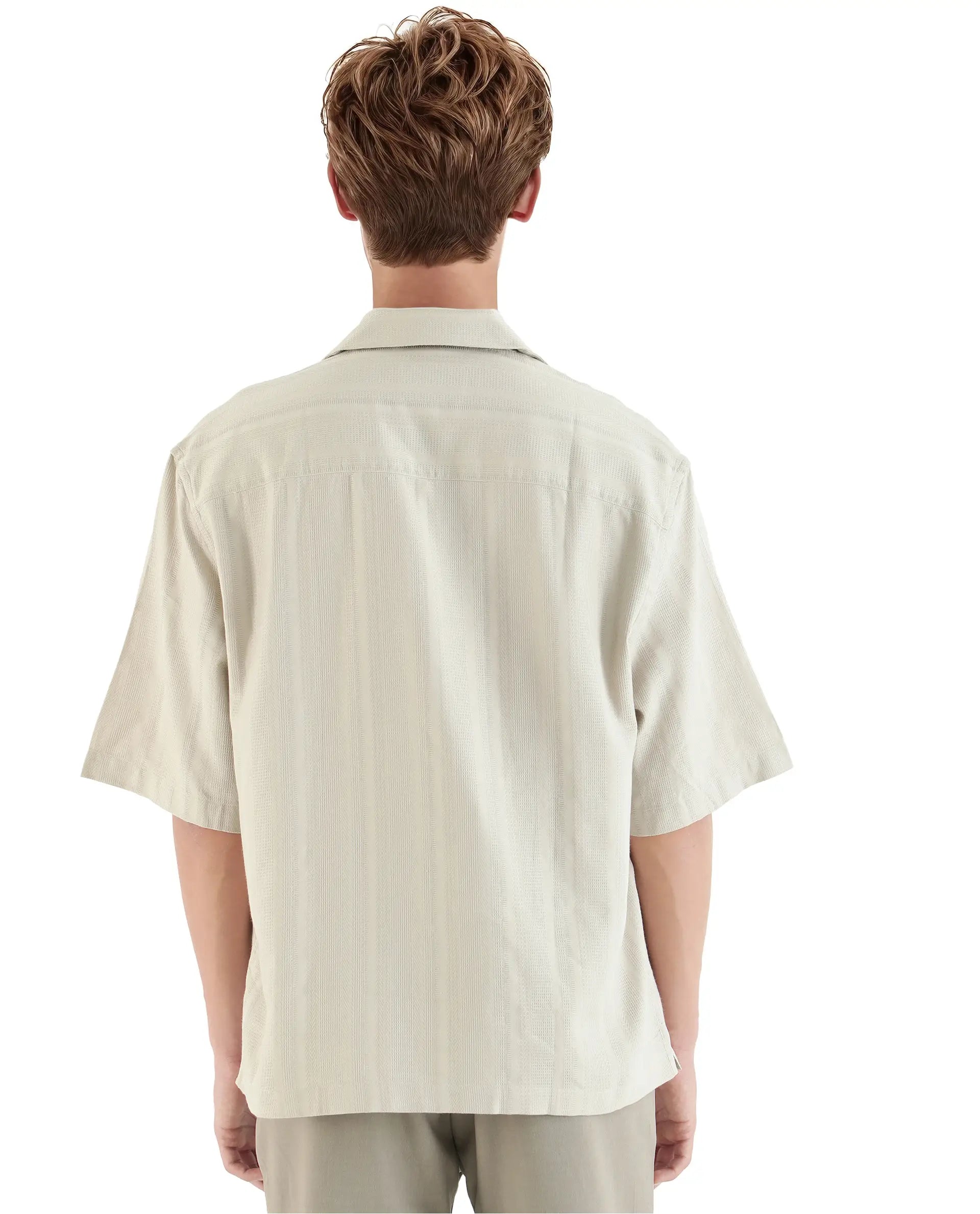 Rare Rabbit Men Brex Beige Viscose Blend Fabric Half Sleeve Cuban Collared Striped Shirt