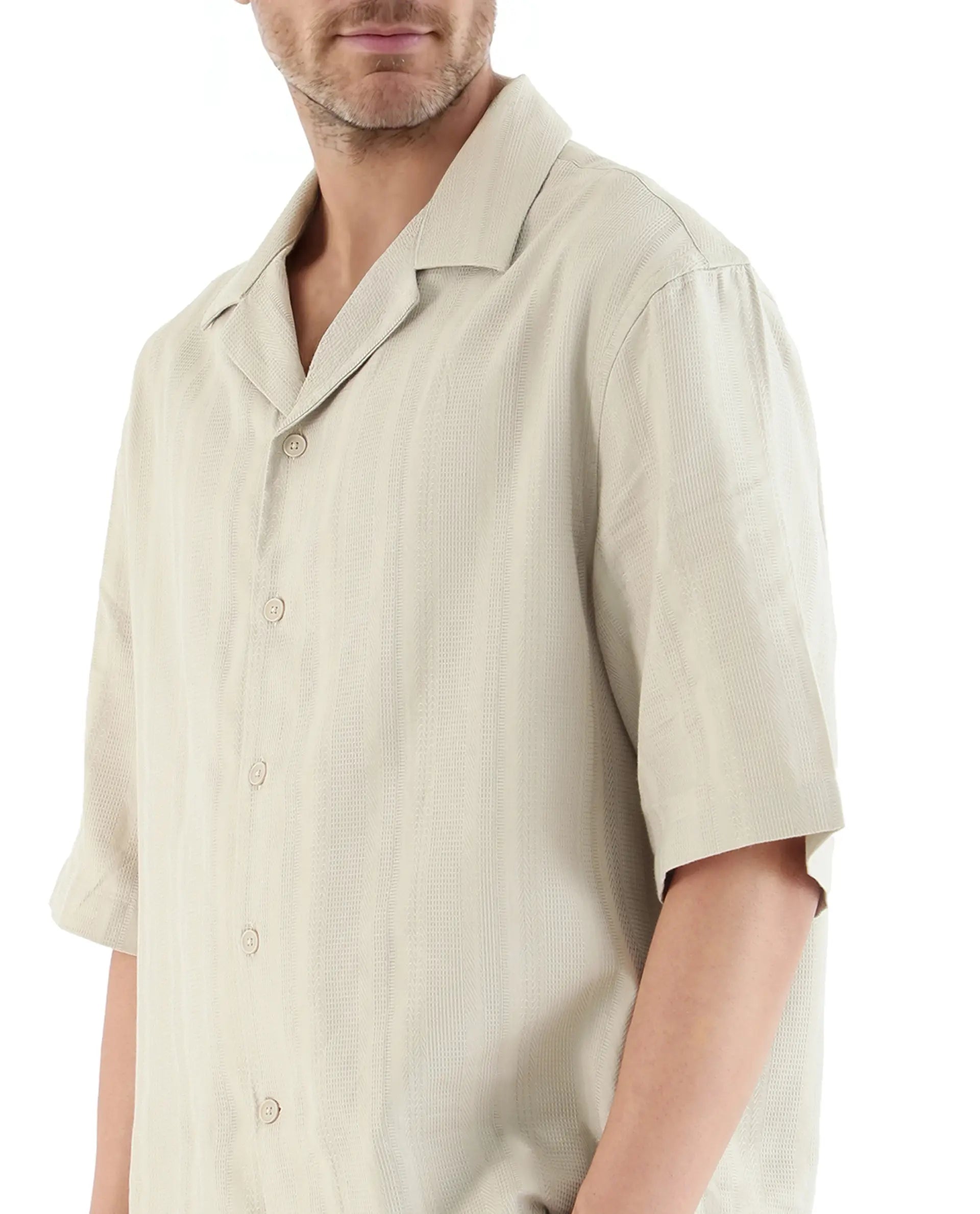 Rare Rabbit Men Brex Beige Viscose Blend Fabric Half Sleeve Cuban Collared Striped Shirt