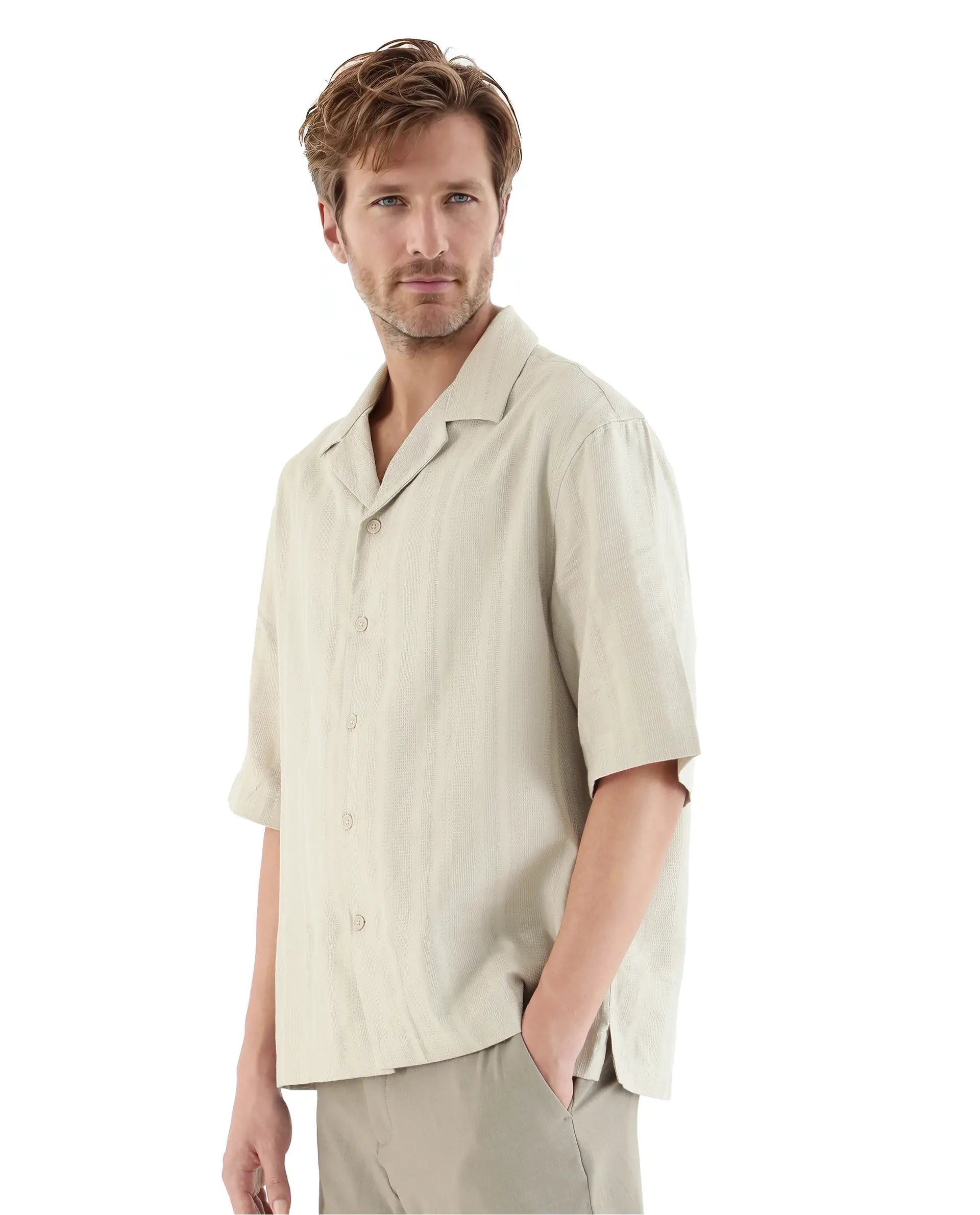 Rare Rabbit Men Brex Beige Viscose Blend Fabric Half Sleeve Cuban Collared Striped Shirt