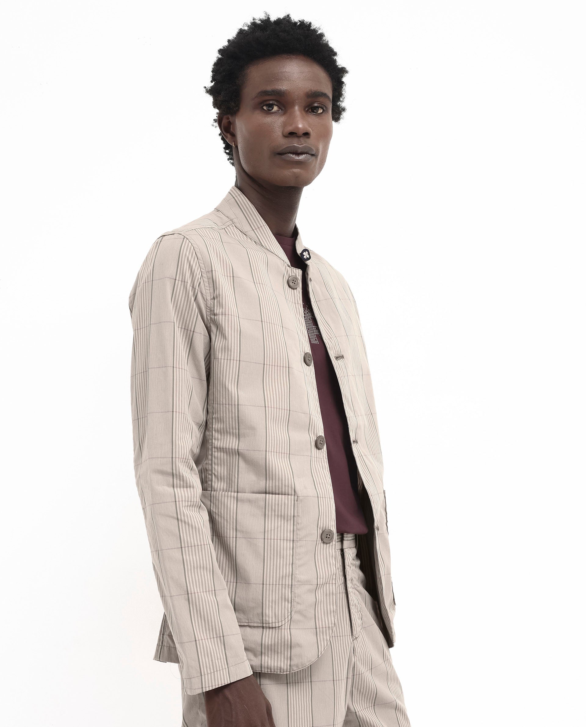 Rare Rabbit Mens Brez Brown Cotton Fabric Mandarin Collar Full Sleeve Relaxed Fit Checks Jacket