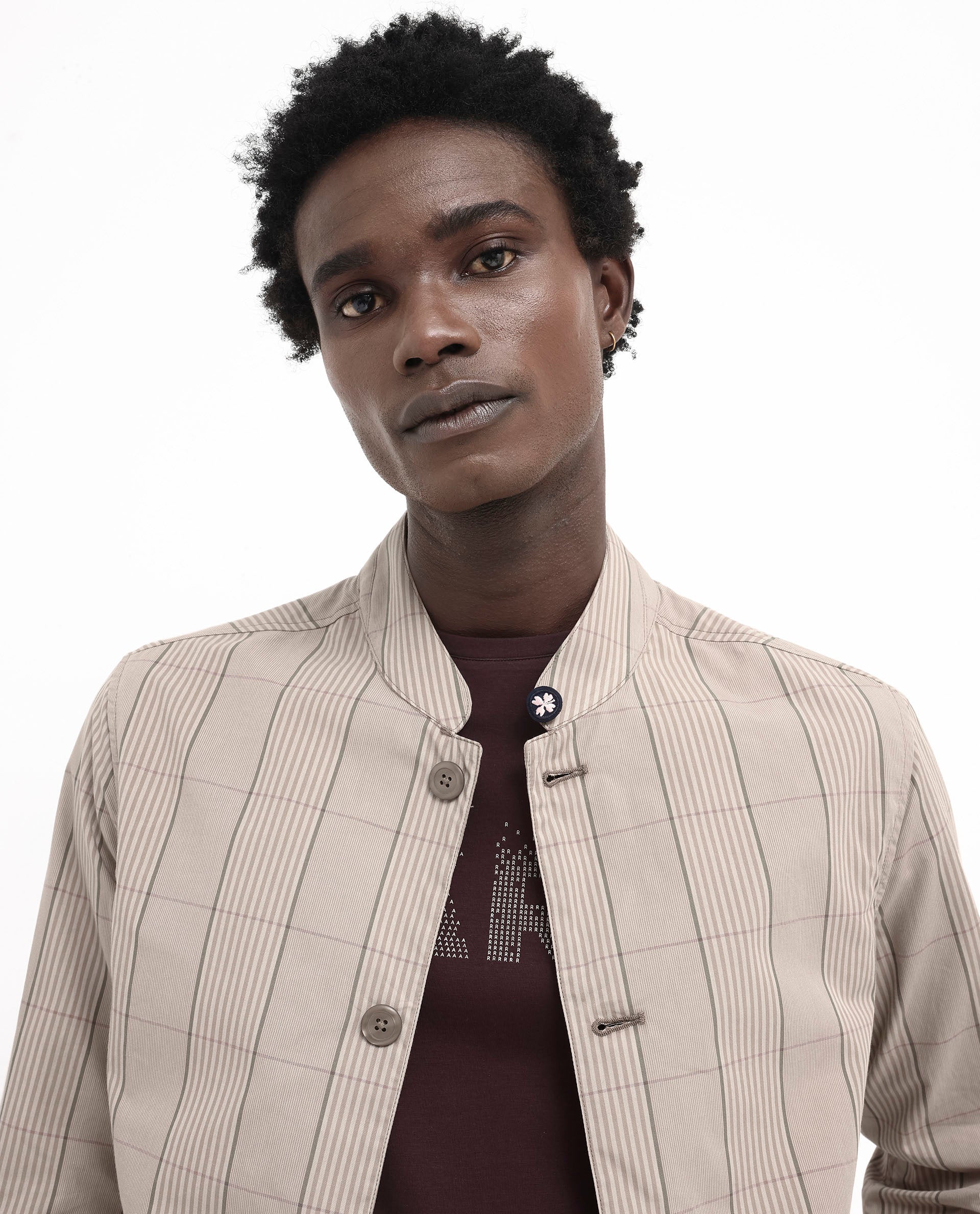 Rare Rabbit Mens Brez Brown Cotton Fabric Mandarin Collar Full Sleeve Relaxed Fit Checks Jacket