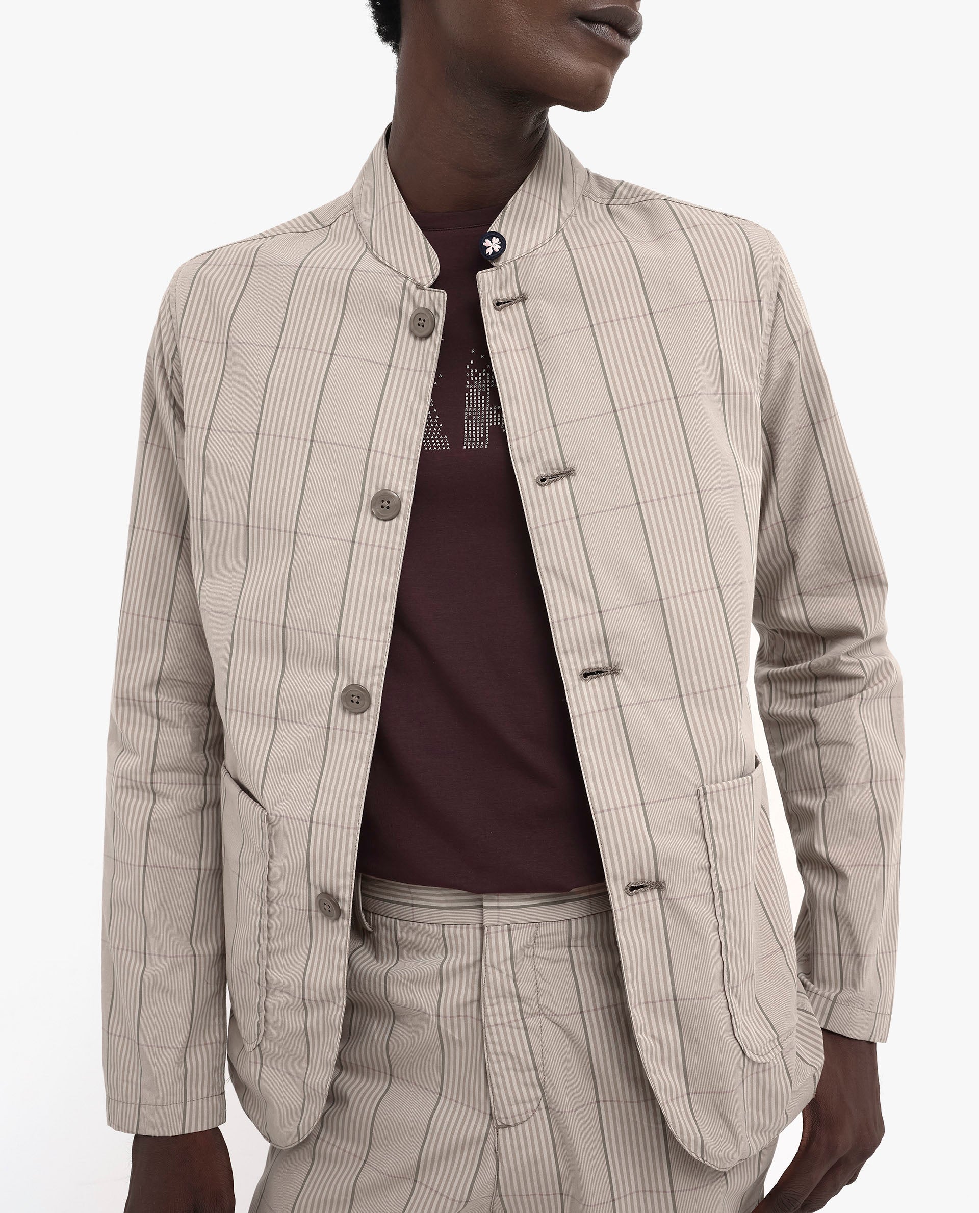 Rare Rabbit Mens Brez Brown Cotton Fabric Mandarin Collar Full Sleeve Relaxed Fit Checks Jacket