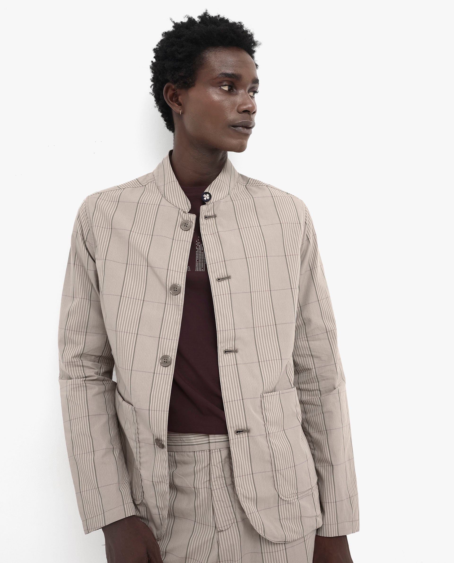 Rare Rabbit Mens Brez Brown Cotton Fabric Mandarin Collar Full Sleeve Relaxed Fit Checks Jacket