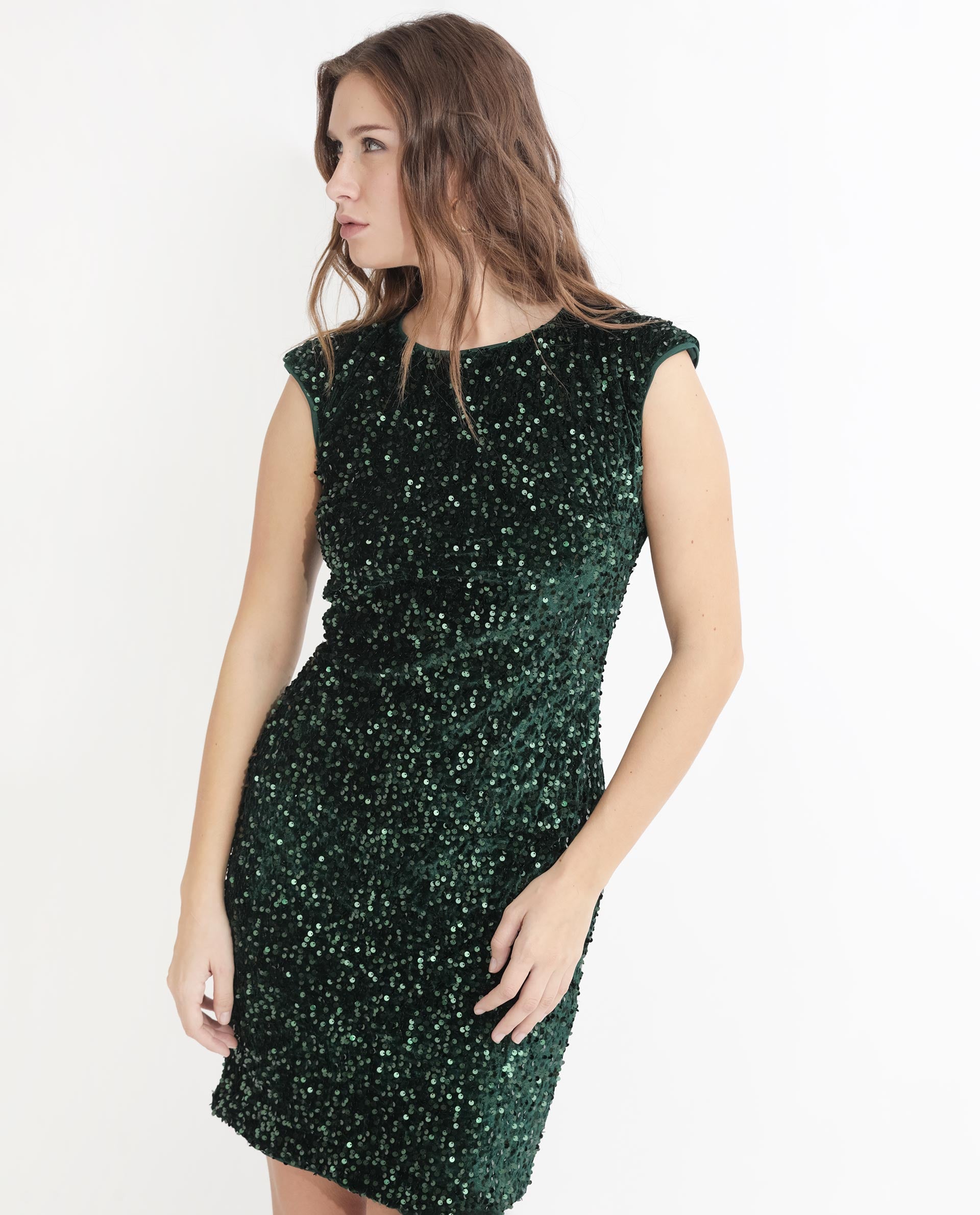 Rareism Women Briar Sheen Green Round Neck Sleeveless Sequin Bodycon Mini Dress
