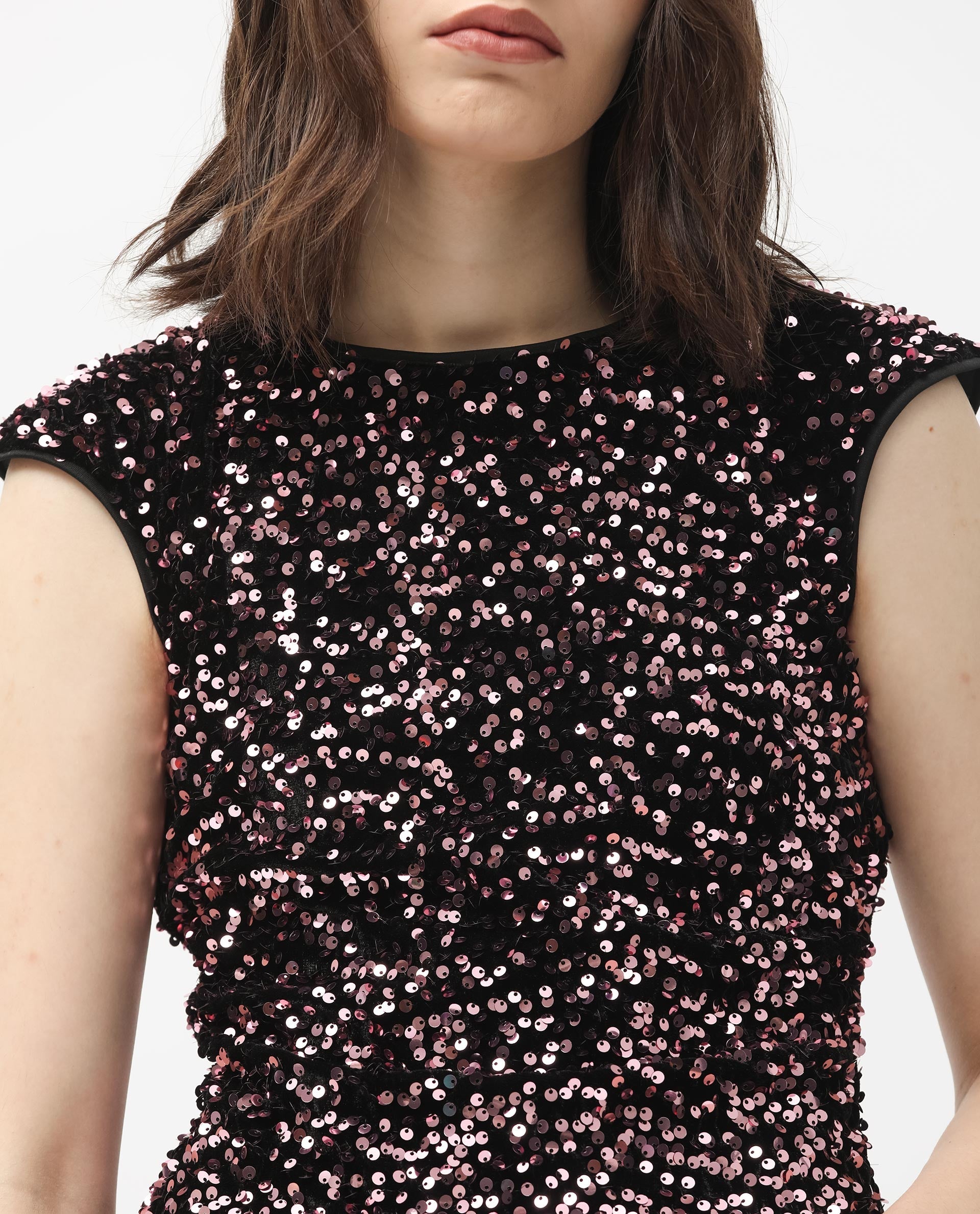 Rareism Women Briar Sheen Pink Polyester Fabric Short Sleeves Zip Closure Round Neck Extended Sleeve Regular Fit Sequined Short Cami Dress