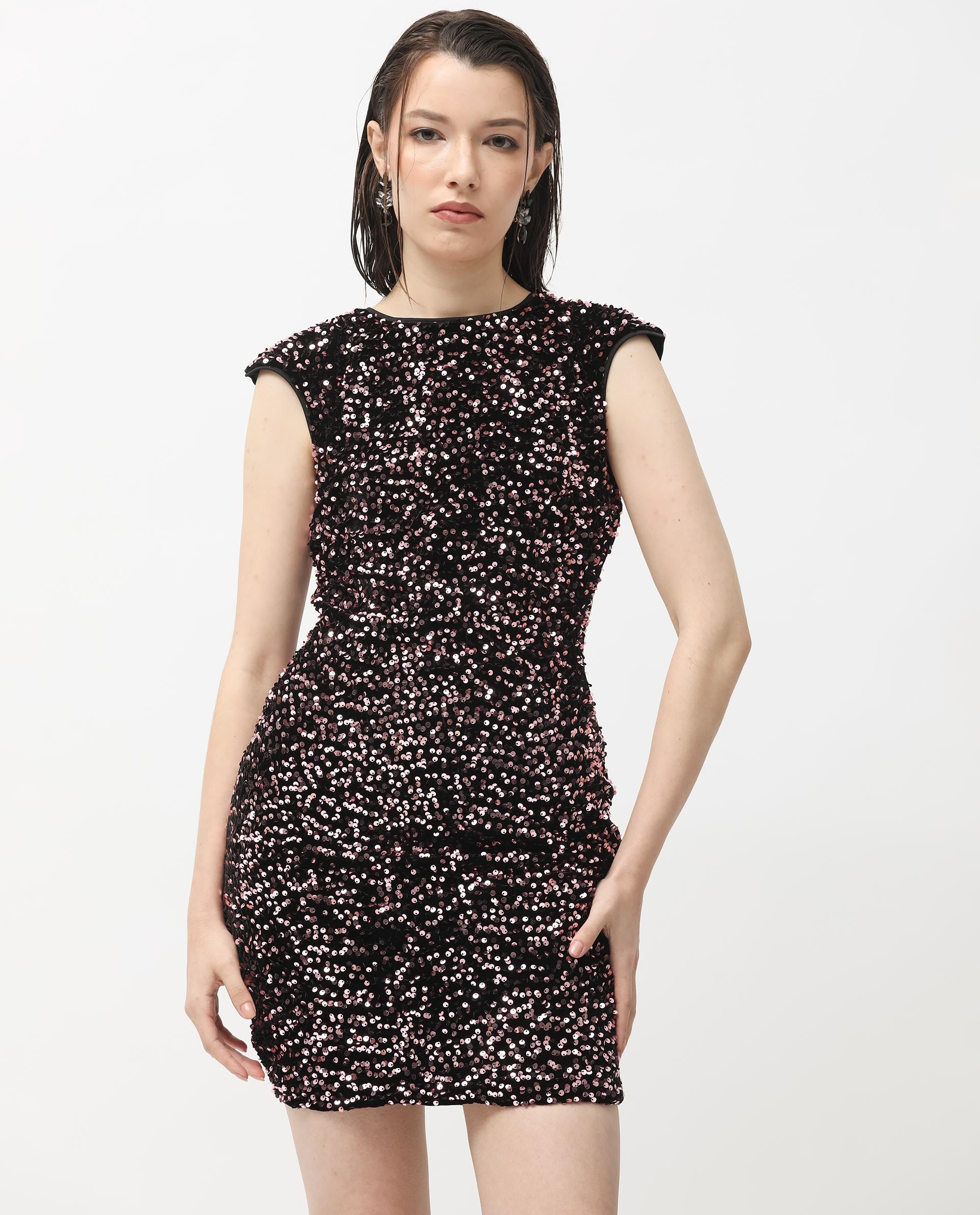 Rareism Women Briar Sheen Pink Polyester Fabric Short Sleeves Zip Closure Round Neck Extended Sleeve Regular Fit Sequined Short Cami Dress