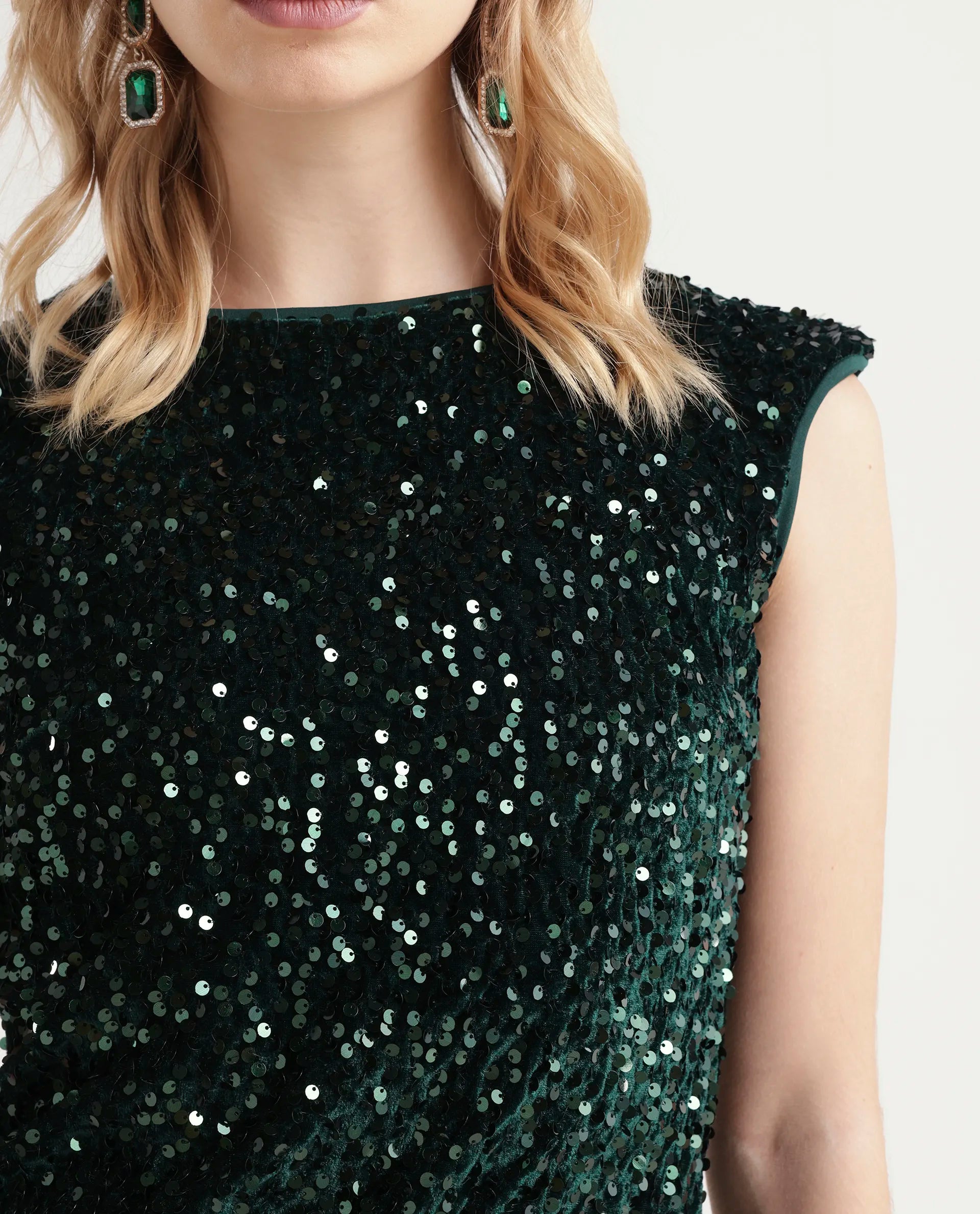 Rareism Women's Briar Sheen Green Polyester Crew Neck Sequined Extended Sleeves Mini Regular Fit Dress