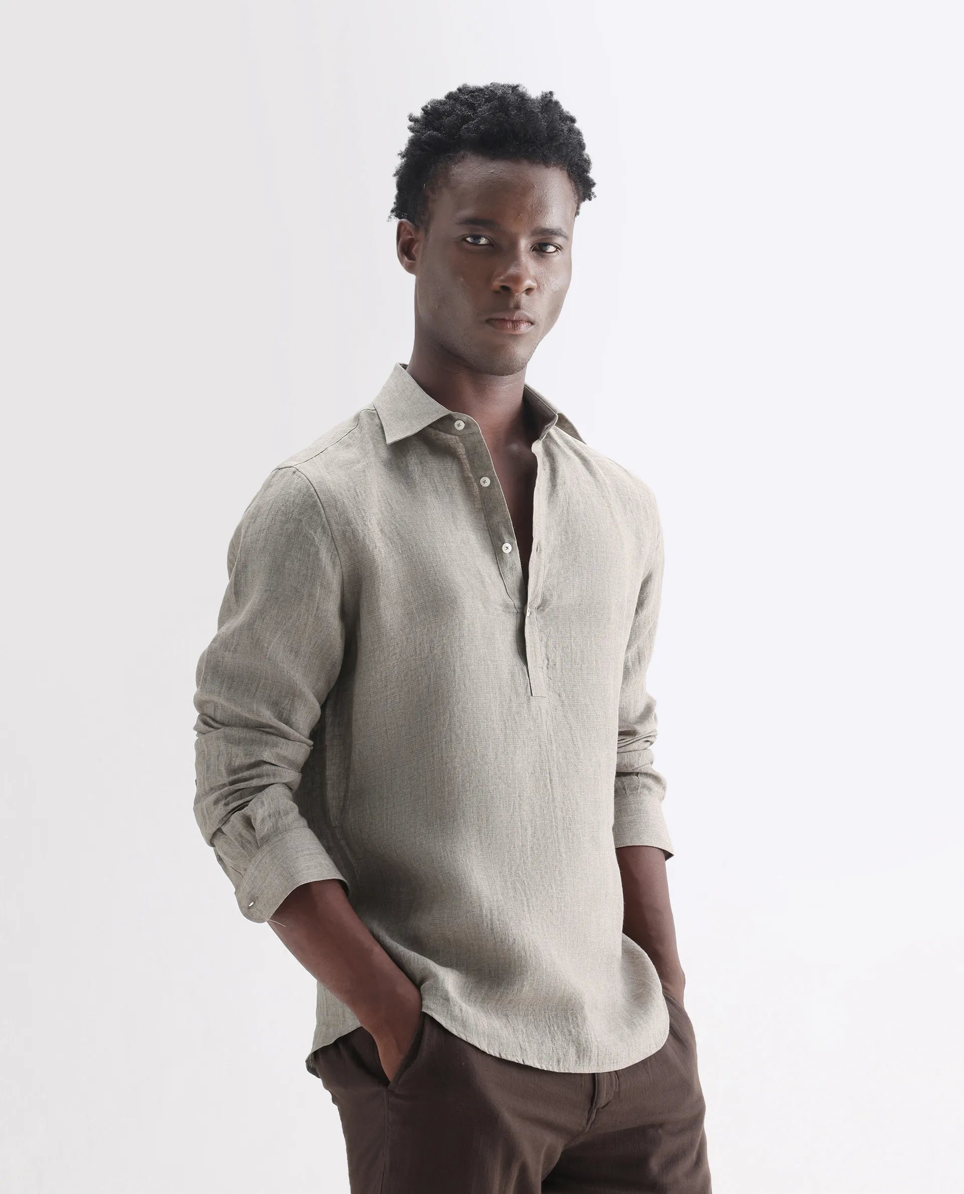 Rare Rabbit Men's Brickurt Brown 100% Linen Plain Regular Fit Full Sleeve Collared Shirt