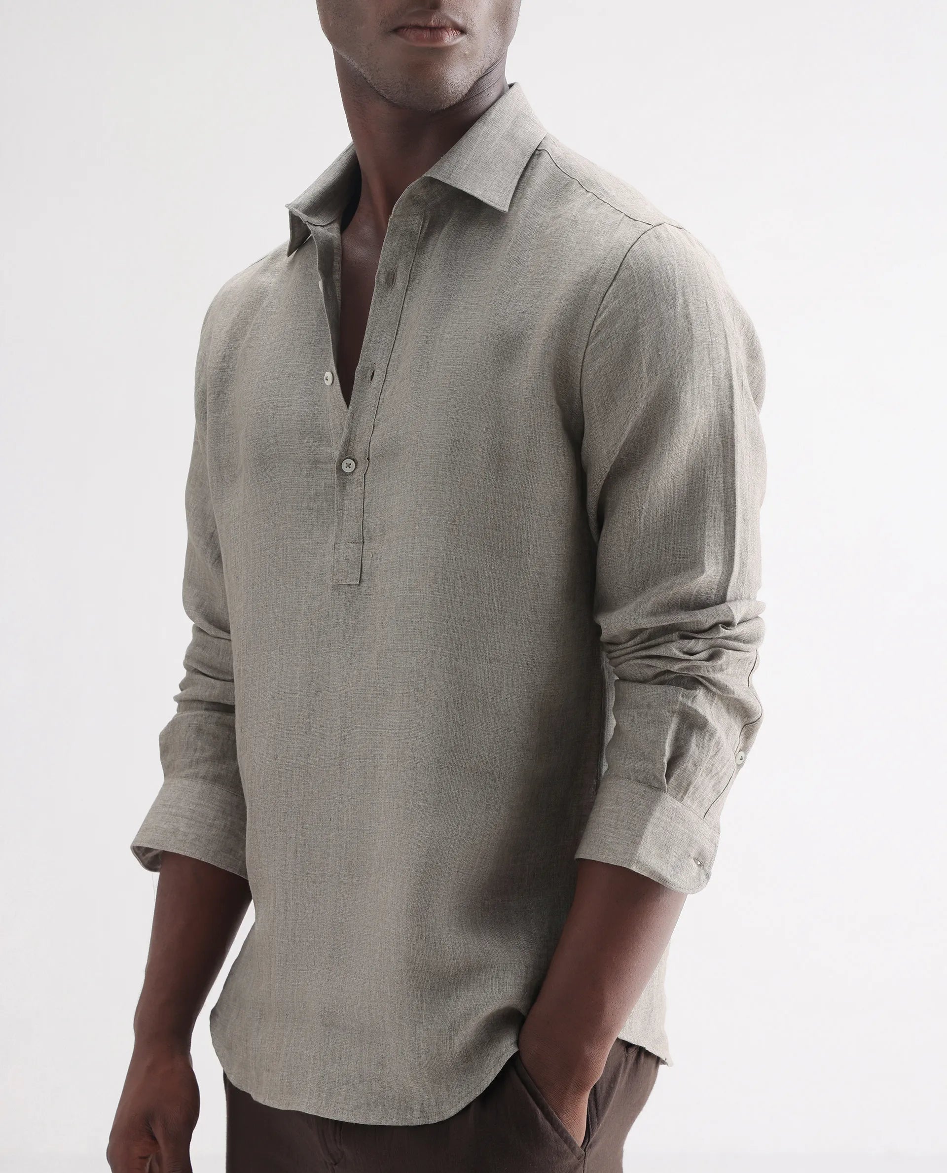 Rare Rabbit Men's Brickurt Brown 100% Linen Plain Regular Fit Full Sleeve Collared Shirt