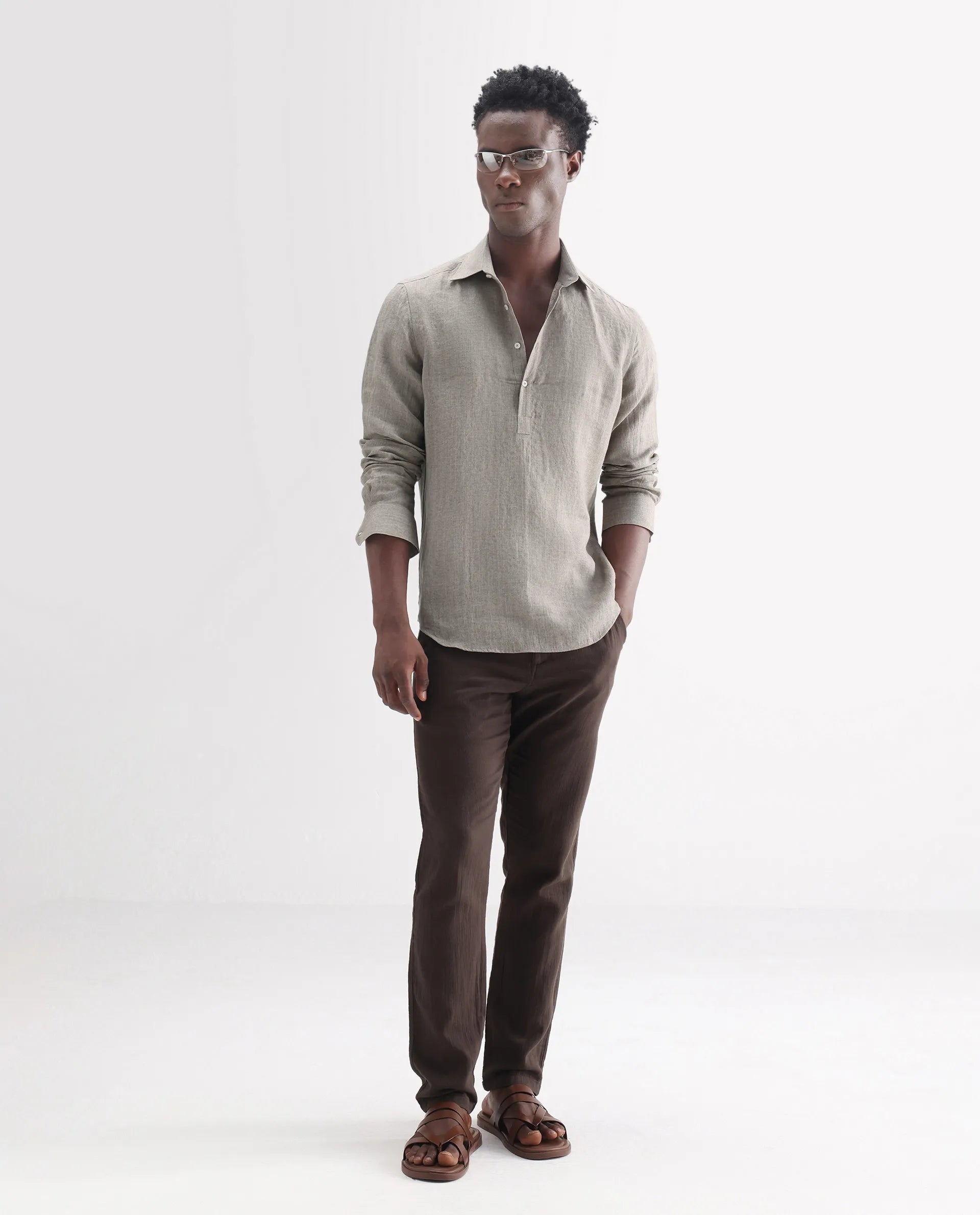 Rare Rabbit Men's Brickurt Brown 100% Linen Plain Regular Fit Full Sleeve Collared Shirt