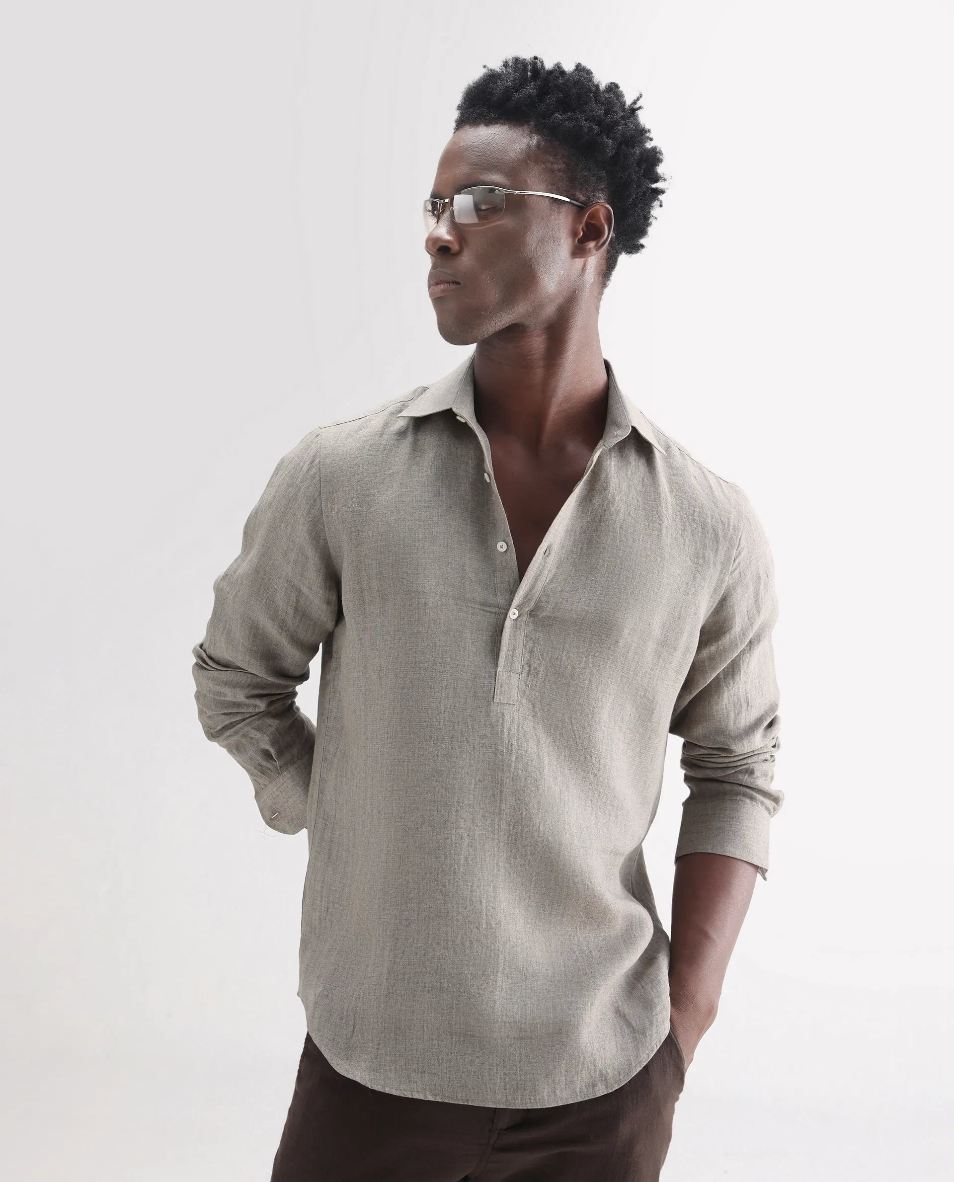 Rare Rabbit Men's Brickurt Brown 100% Linen Plain Regular Fit Full Sleeve Collared Shirt