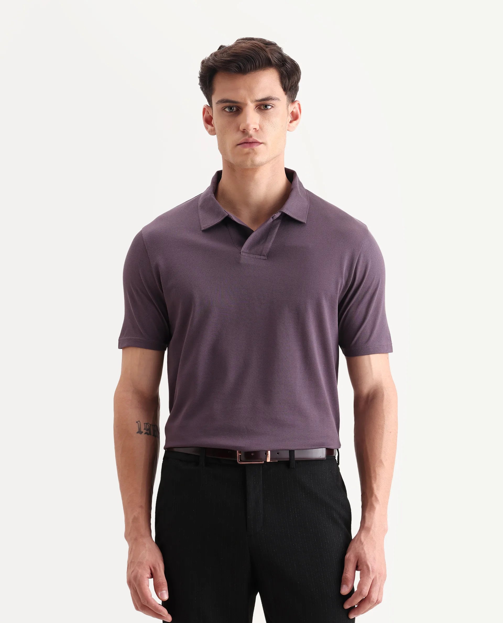 Rare Rabbit Men's Brillio Dusky Purple Cotton Plain Regular Fit Half Sleeve Polo