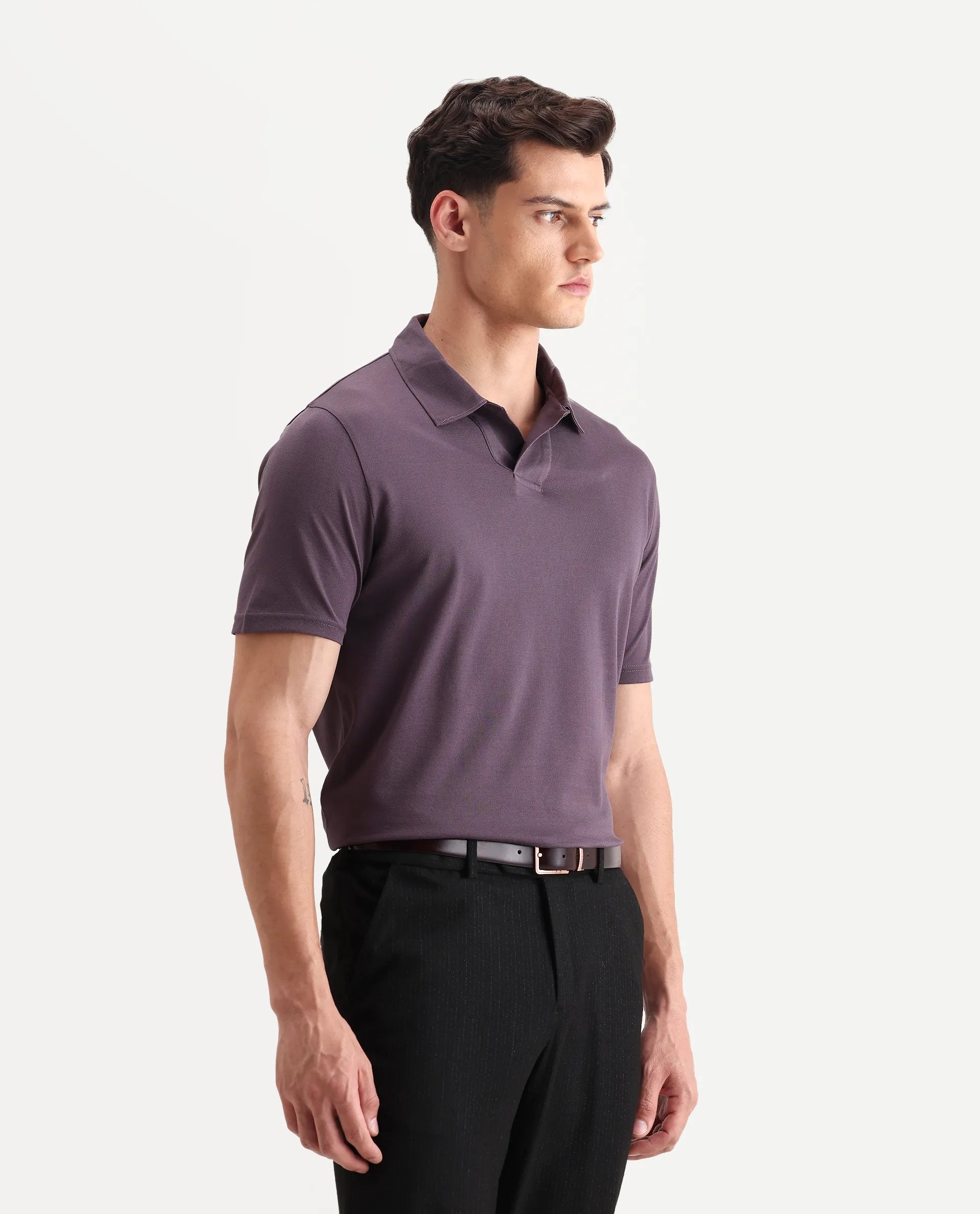 Rare Rabbit Men's Brillio Dusky Purple Cotton Plain Regular Fit Half Sleeve Polo