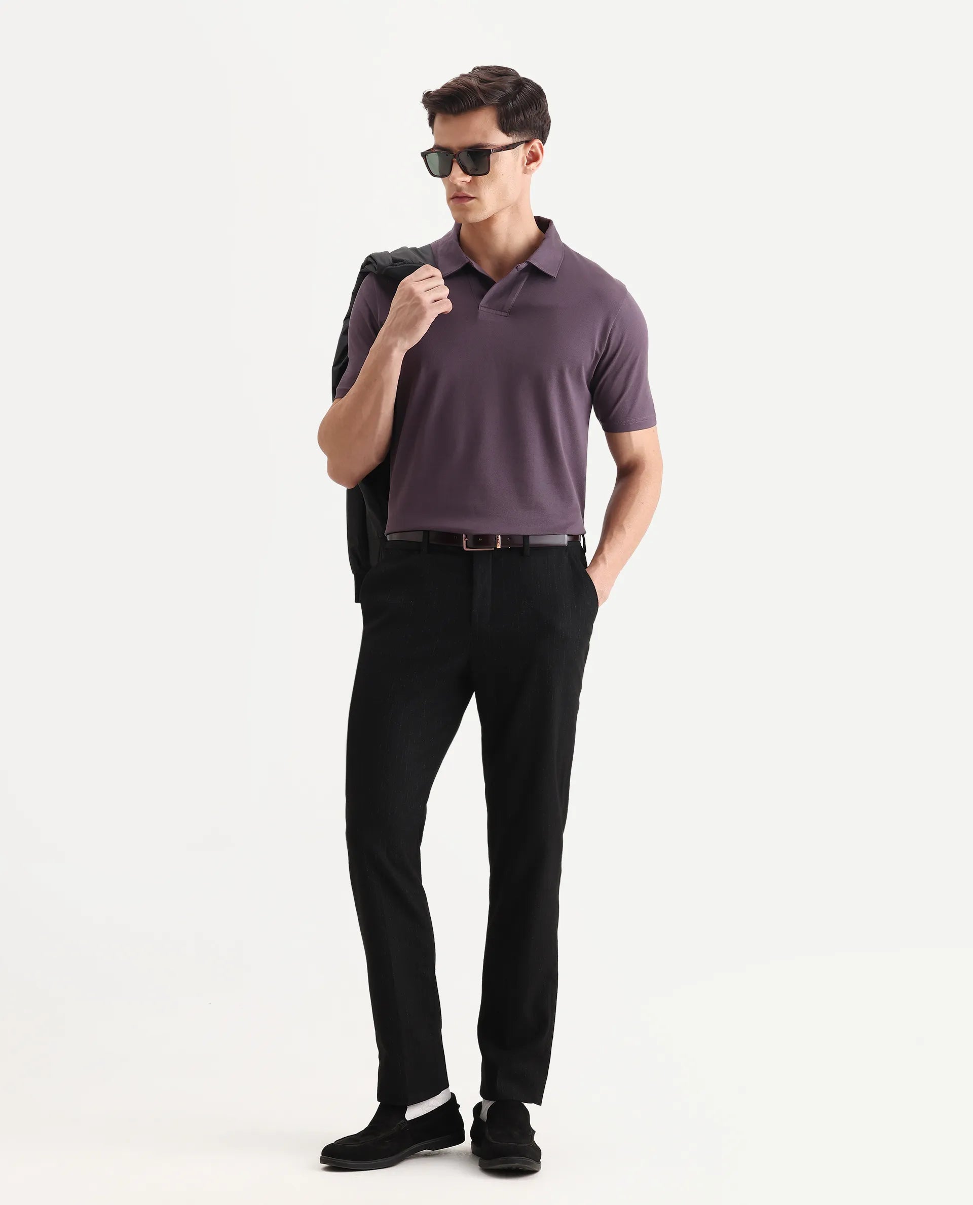 Rare Rabbit Men's Brillio Dusky Purple Cotton Plain Regular Fit Half Sleeve Polo