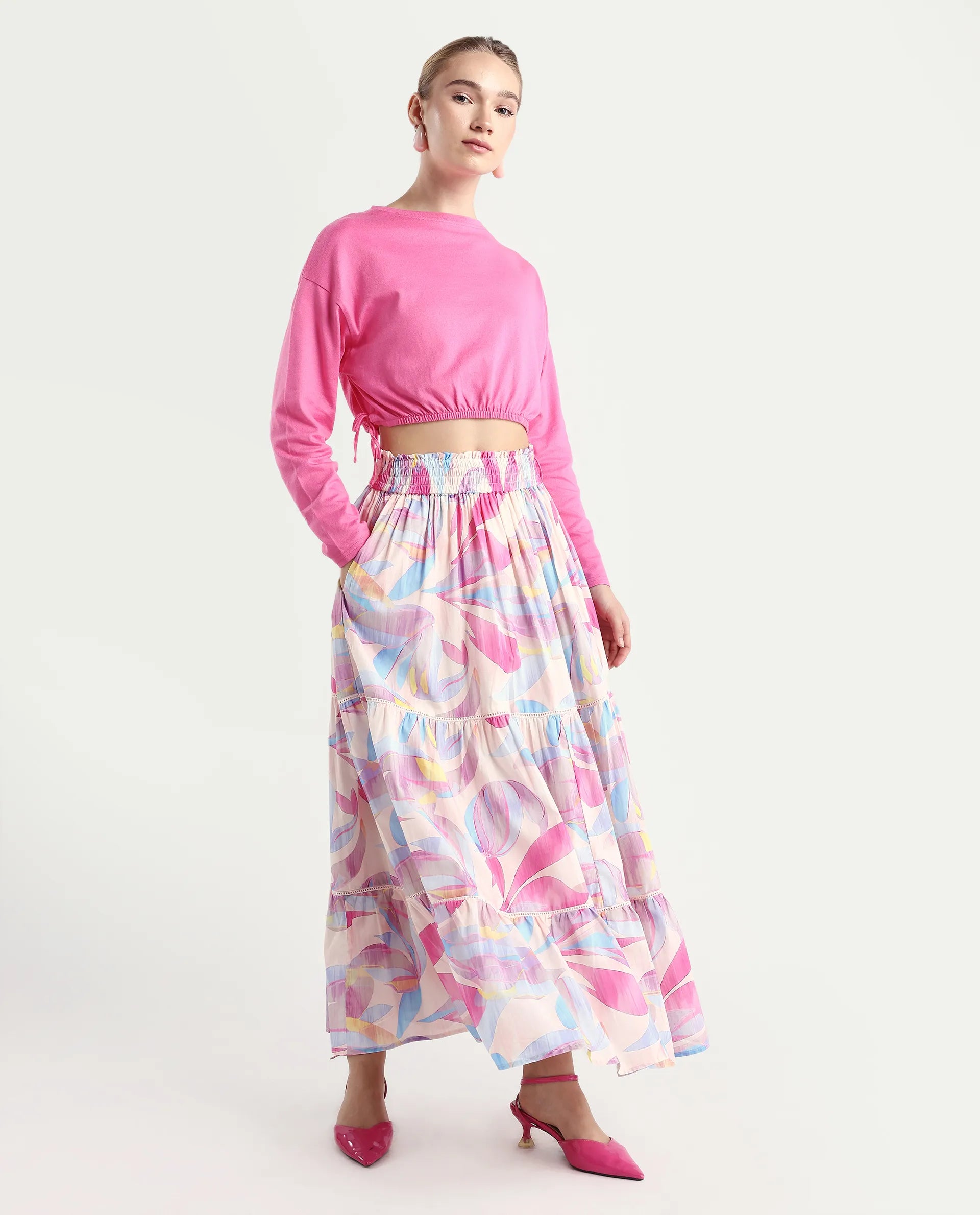 Rareism Women's Brindsi Multi Cotton Abstract Print Maxi Flared Skirt