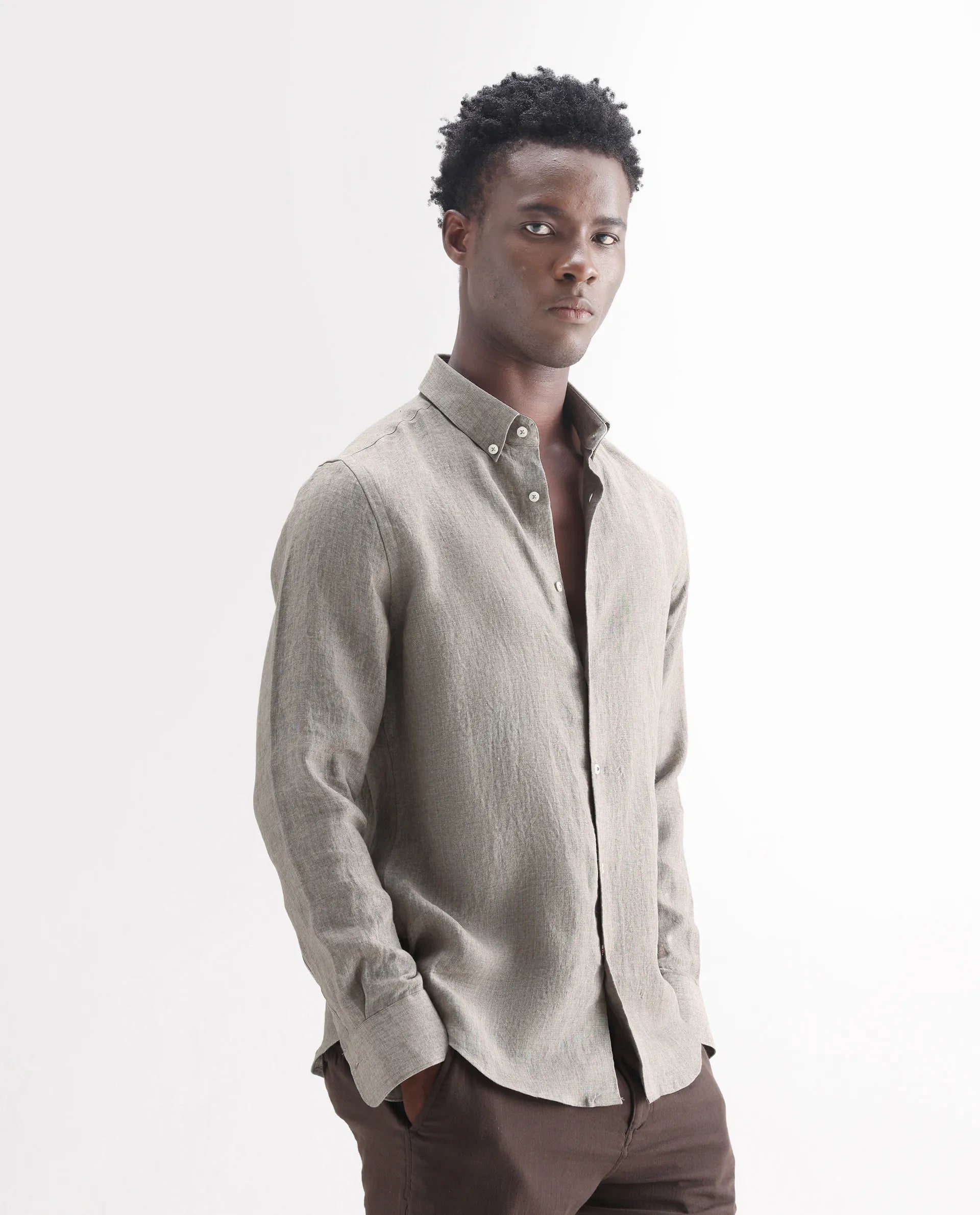 Rare Rabbit Men's Brisbane Ls Brown 100% Linen Plain Regular Fit Full Sleeve Button-Down Collar Shirt