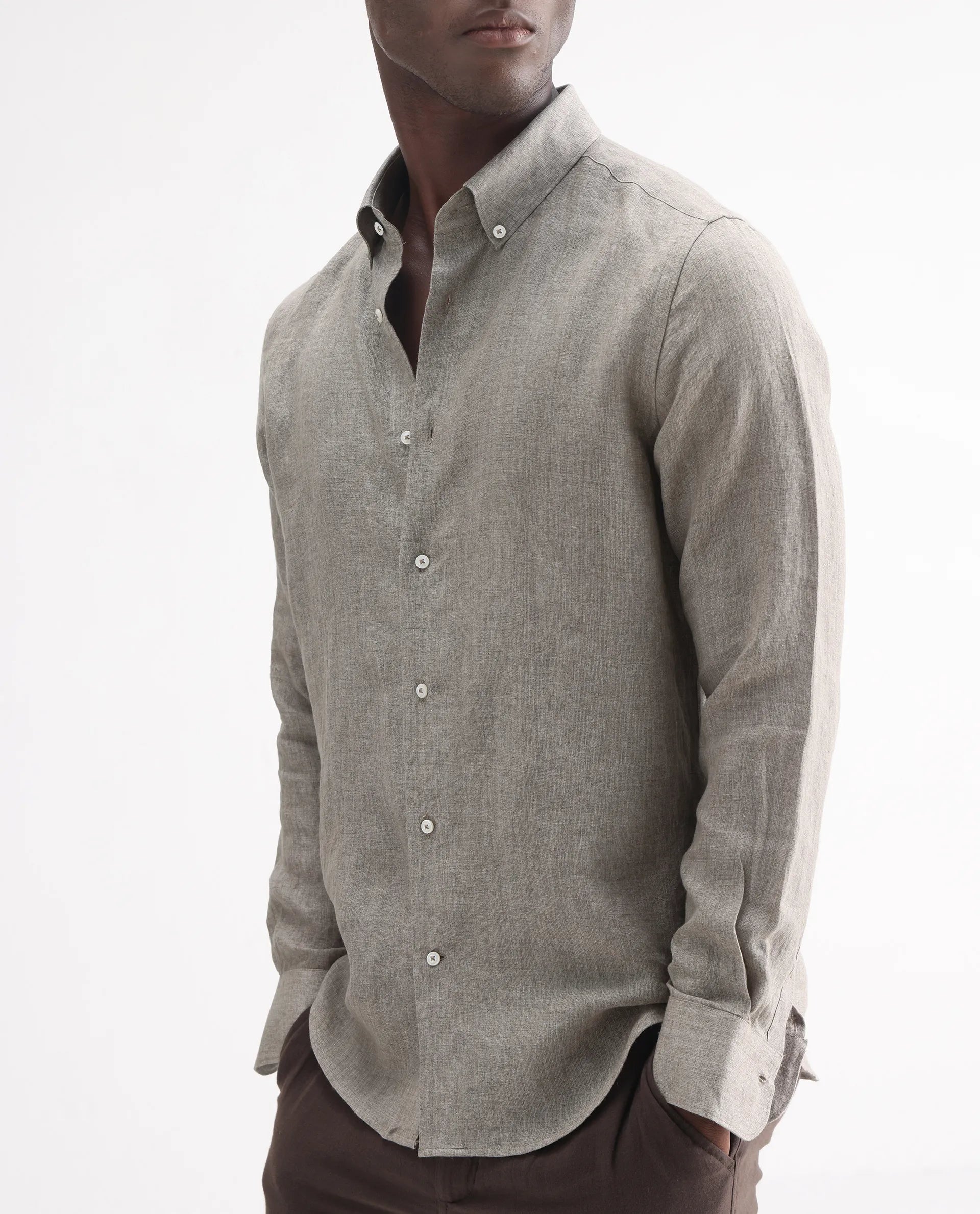 Rare Rabbit Men's Brisbane Ls Brown 100% Linen Plain Regular Fit Full Sleeve Button-Down Collar Shirt