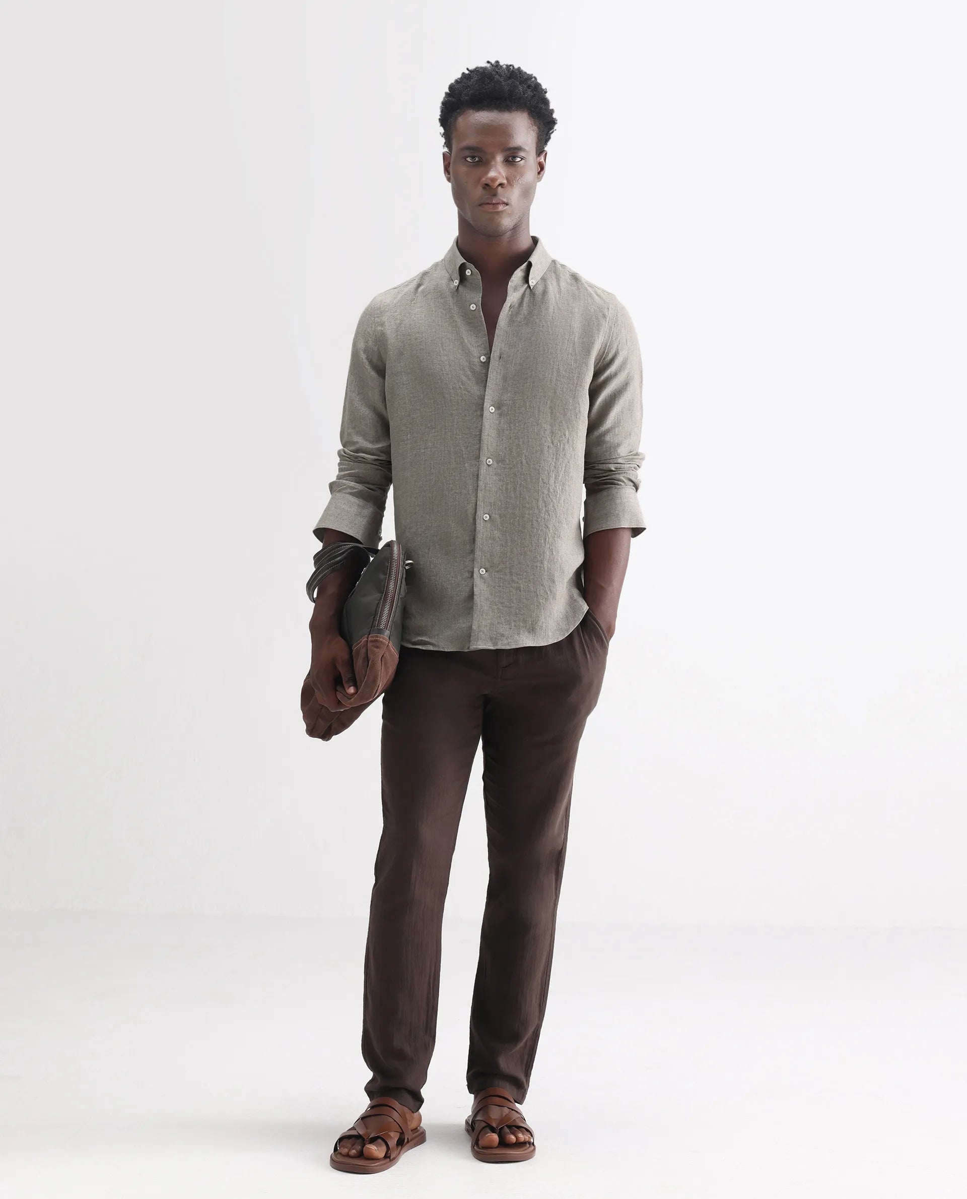 Rare Rabbit Men's Brisbane Ls Brown 100% Linen Plain Regular Fit Full Sleeve Button-Down Collar Shirt