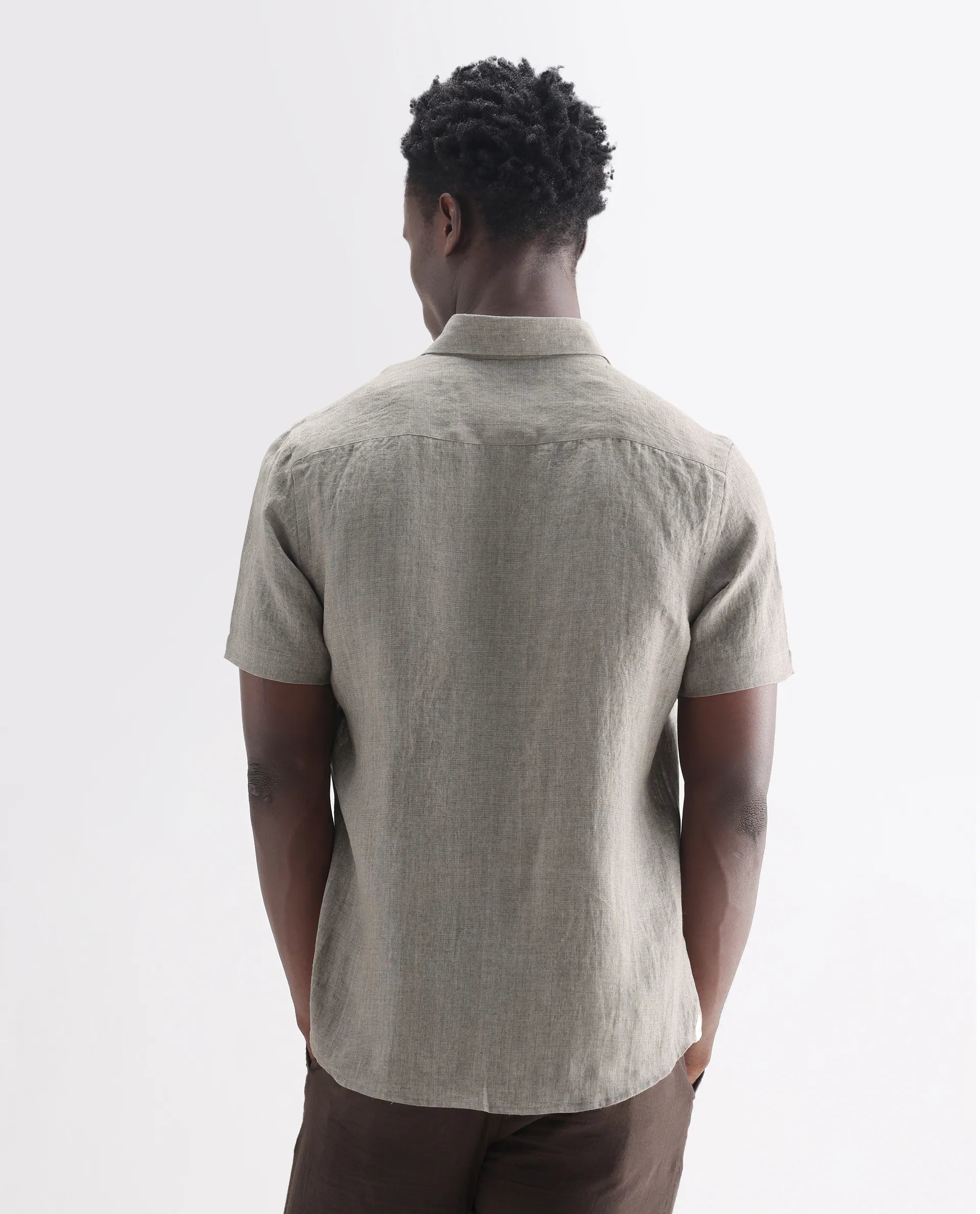 Rare Rabbit Men's Brisbane Ss Brown 100% Linen Plain Regular Fit Half Sleeve Collared Shirt