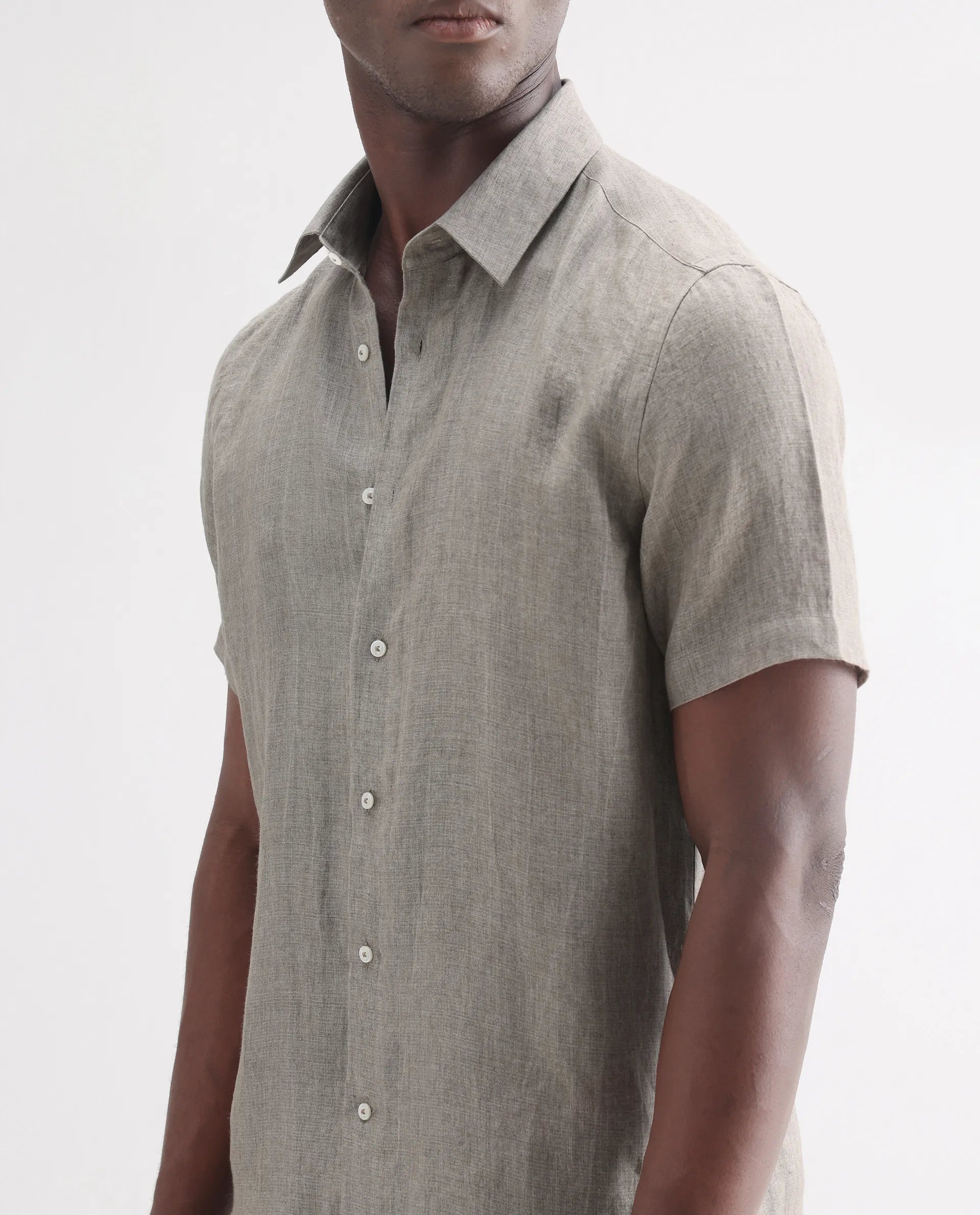 Rare Rabbit Men's Brisbane Ss Brown 100% Linen Plain Regular Fit Half Sleeve Collared Shirt