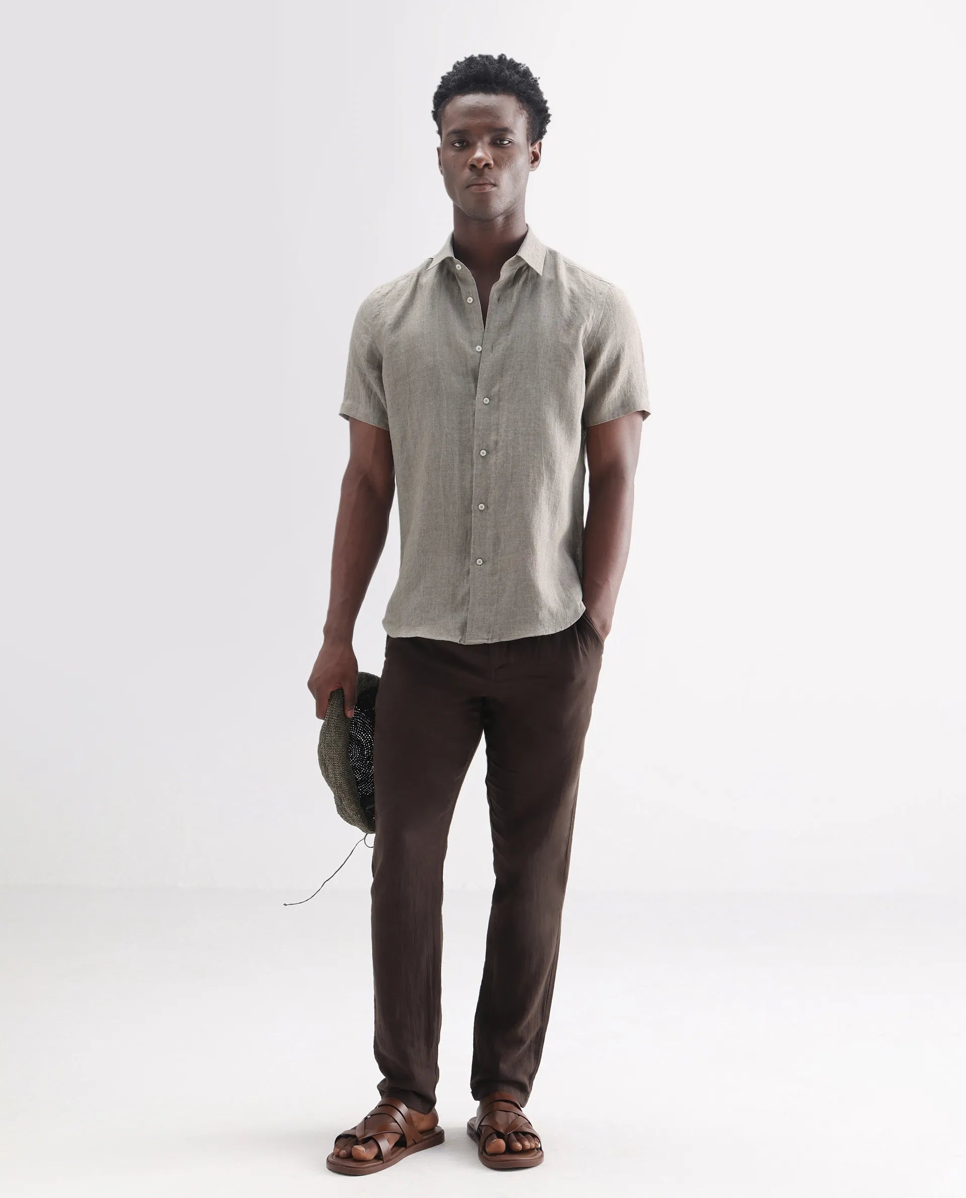 Rare Rabbit Men's Brisbane Ss Brown 100% Linen Plain Regular Fit Half Sleeve Collared Shirt