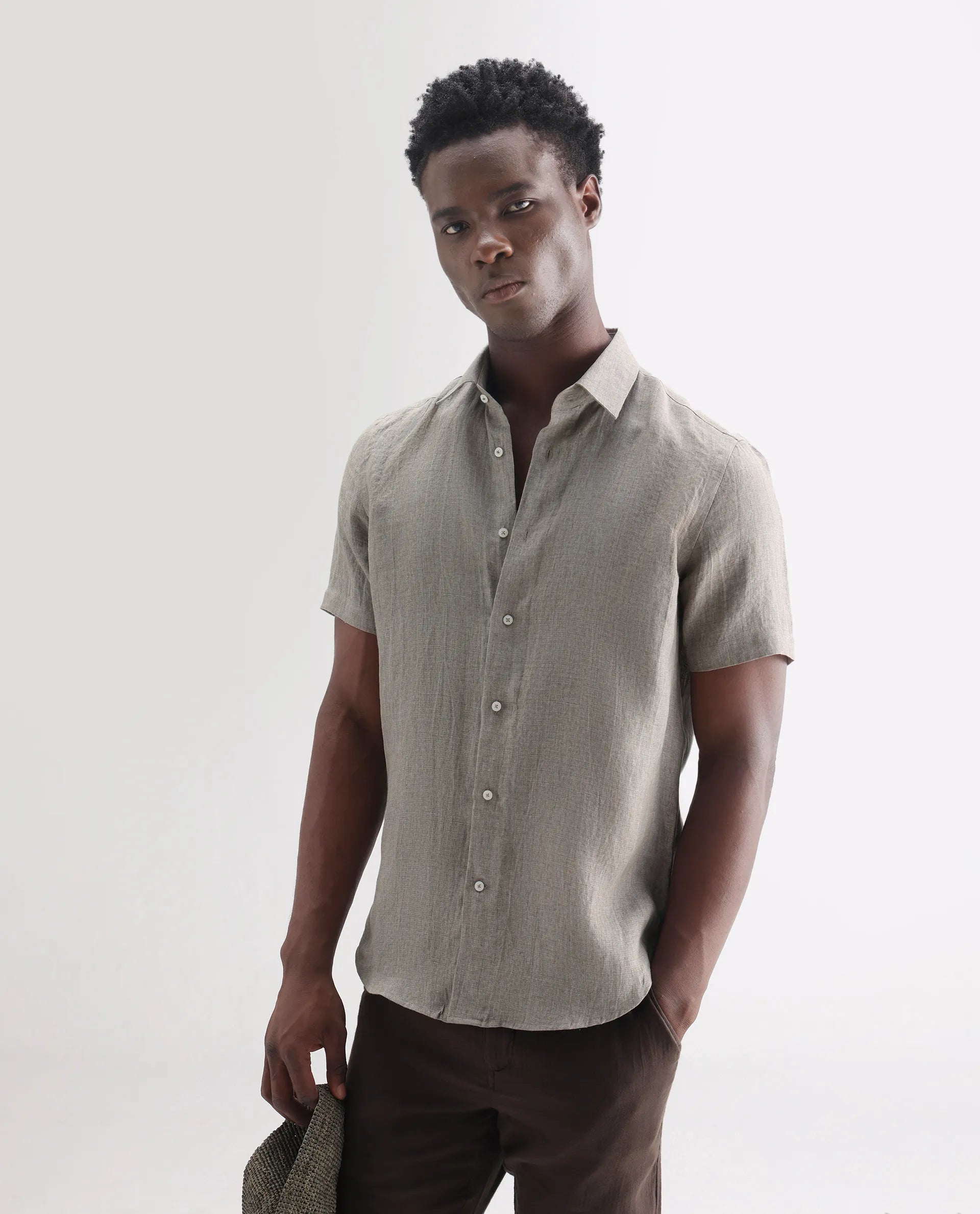 Rare Rabbit Men's Brisbane Ss Brown 100% Linen Plain Regular Fit Half Sleeve Collared Shirt