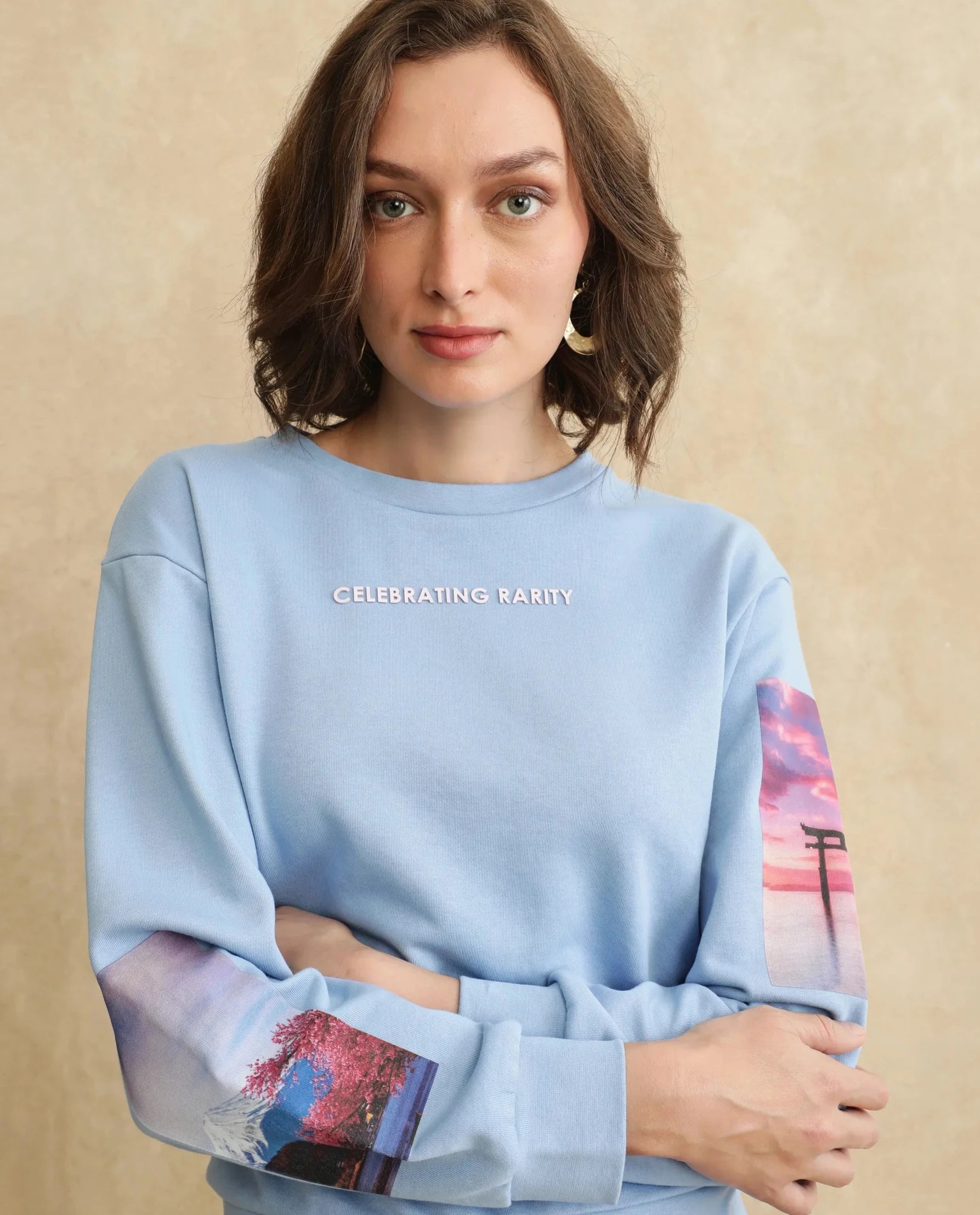 Rareism Women Briske Light Blue Cotton Blend Fabric Full Sleeve Crew Neck Relaxed Fit Graphic Print Sweatshirt