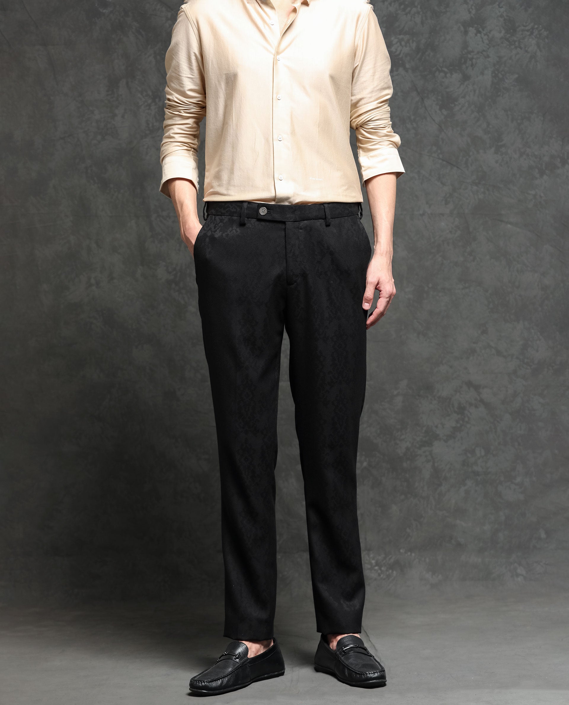 Rare Rabbit Men's Bristol Black Mid-Rise Regular Fit Premium Jacquard Trousers