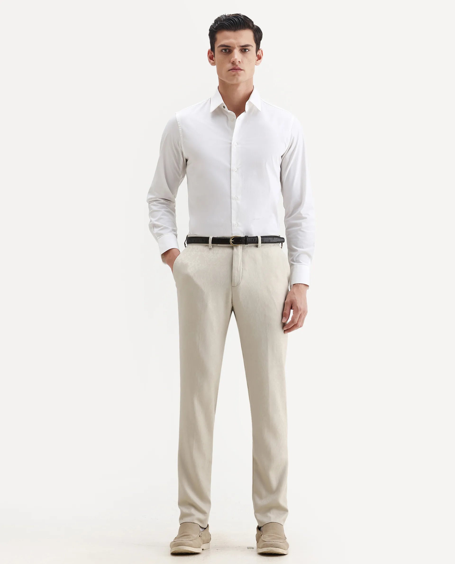 Rare Rabbit Men's Bristol Beige Jacquard Regular Fit Trouser