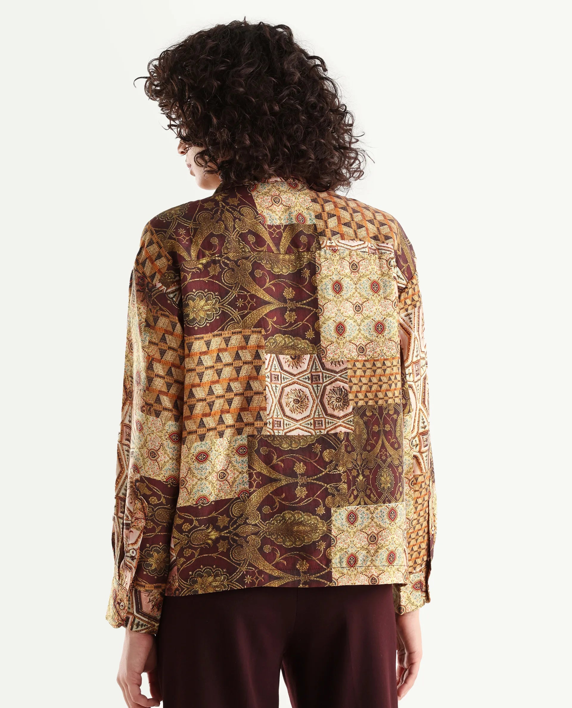 Rareism Women's Broadway Brown Poplin Lapel Neck Abstract Print Cuffed Sleeve Relaxed Fit Top