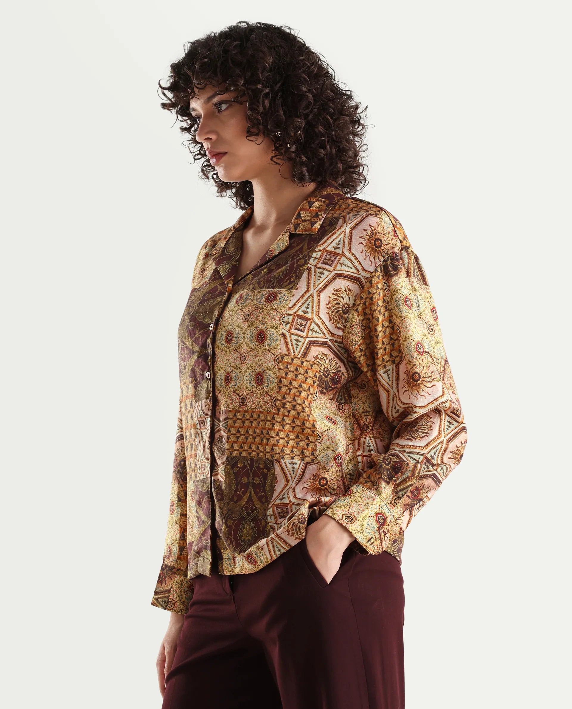Rareism Women's Broadway Brown Poplin Lapel Neck Abstract Print Cuffed Sleeve Relaxed Fit Top