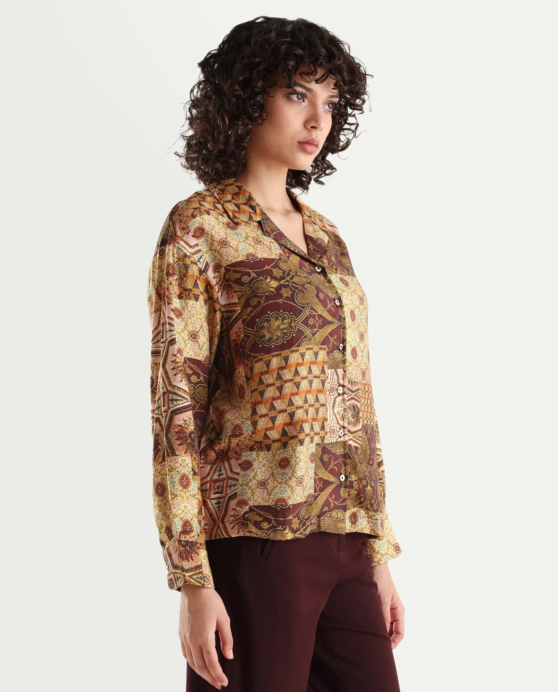 Rareism Women's Broadway Brown Poplin Lapel Neck Abstract Print Cuffed Sleeve Relaxed Fit Top