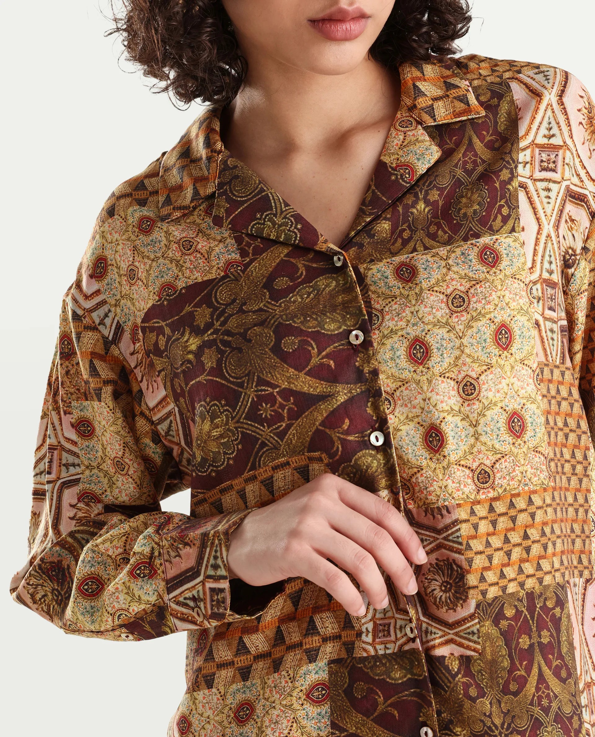 Rareism Women's Broadway Brown Poplin Lapel Neck Abstract Print Cuffed Sleeve Relaxed Fit Top