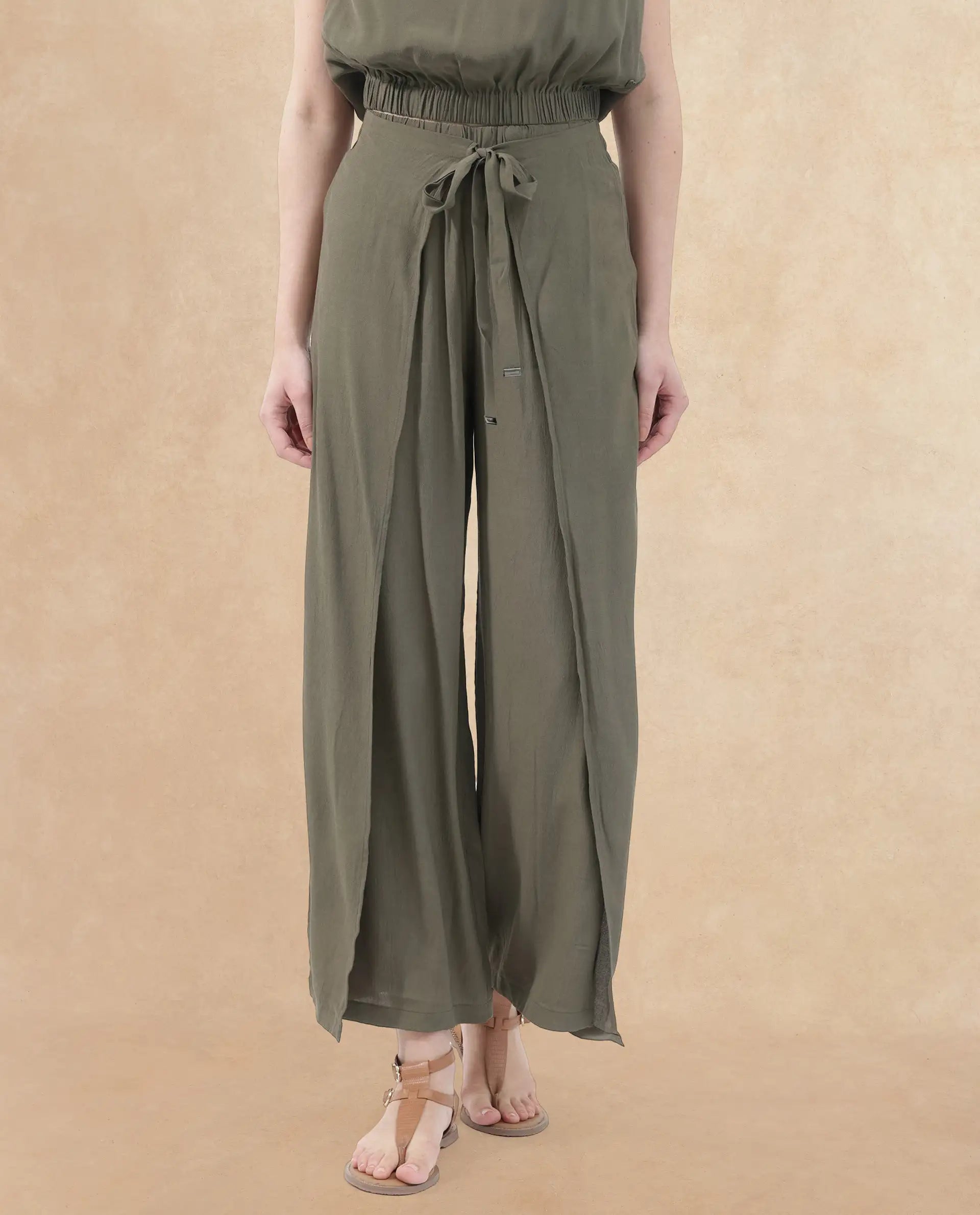 Rareism Women Brodie-B Olive Rayon Fabric Regular Length Trouser