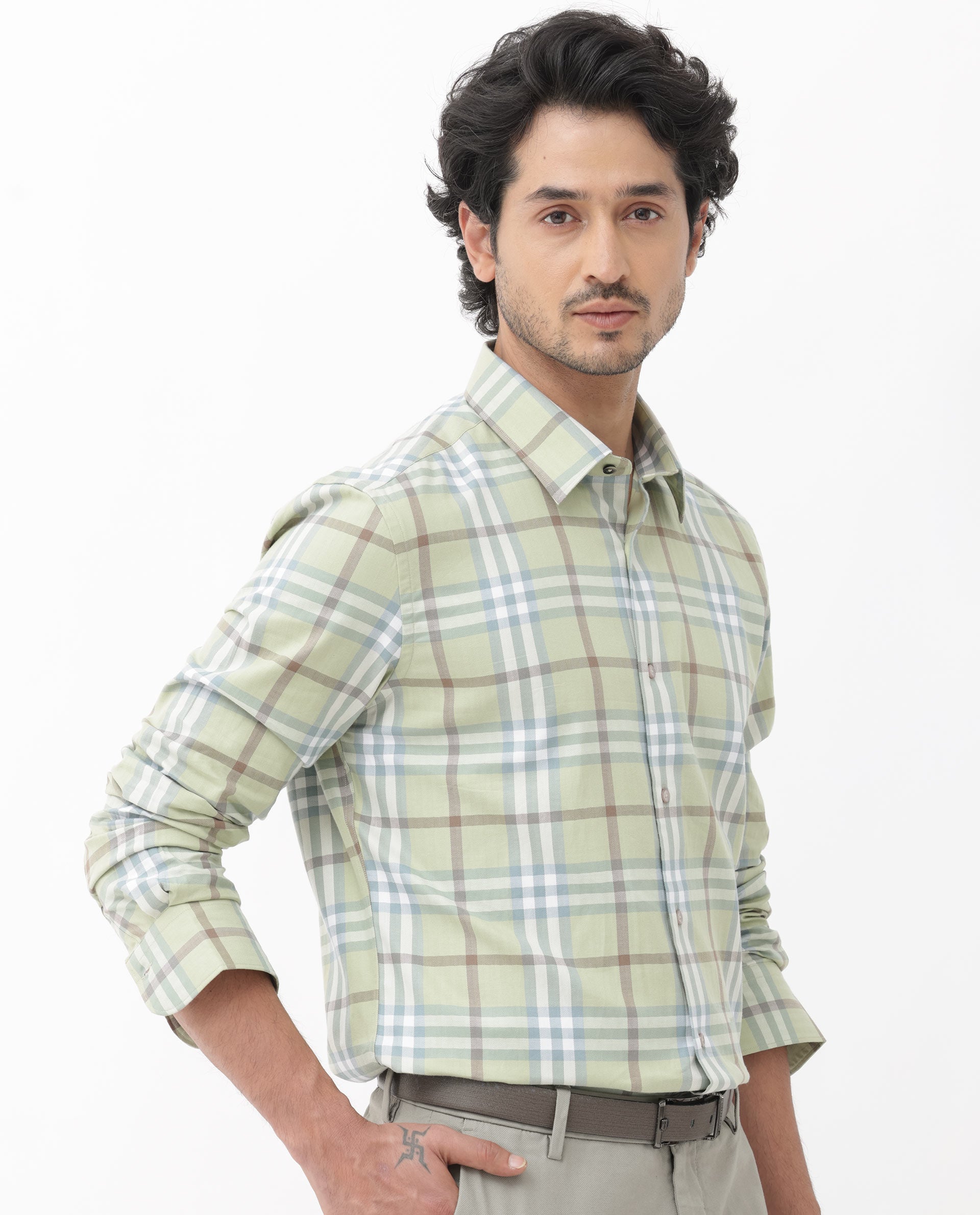 Rare Rabbit Mens Brody Dusky Green Cotton Fabric Full Sleeve Regular Fit Checks Print Shirt