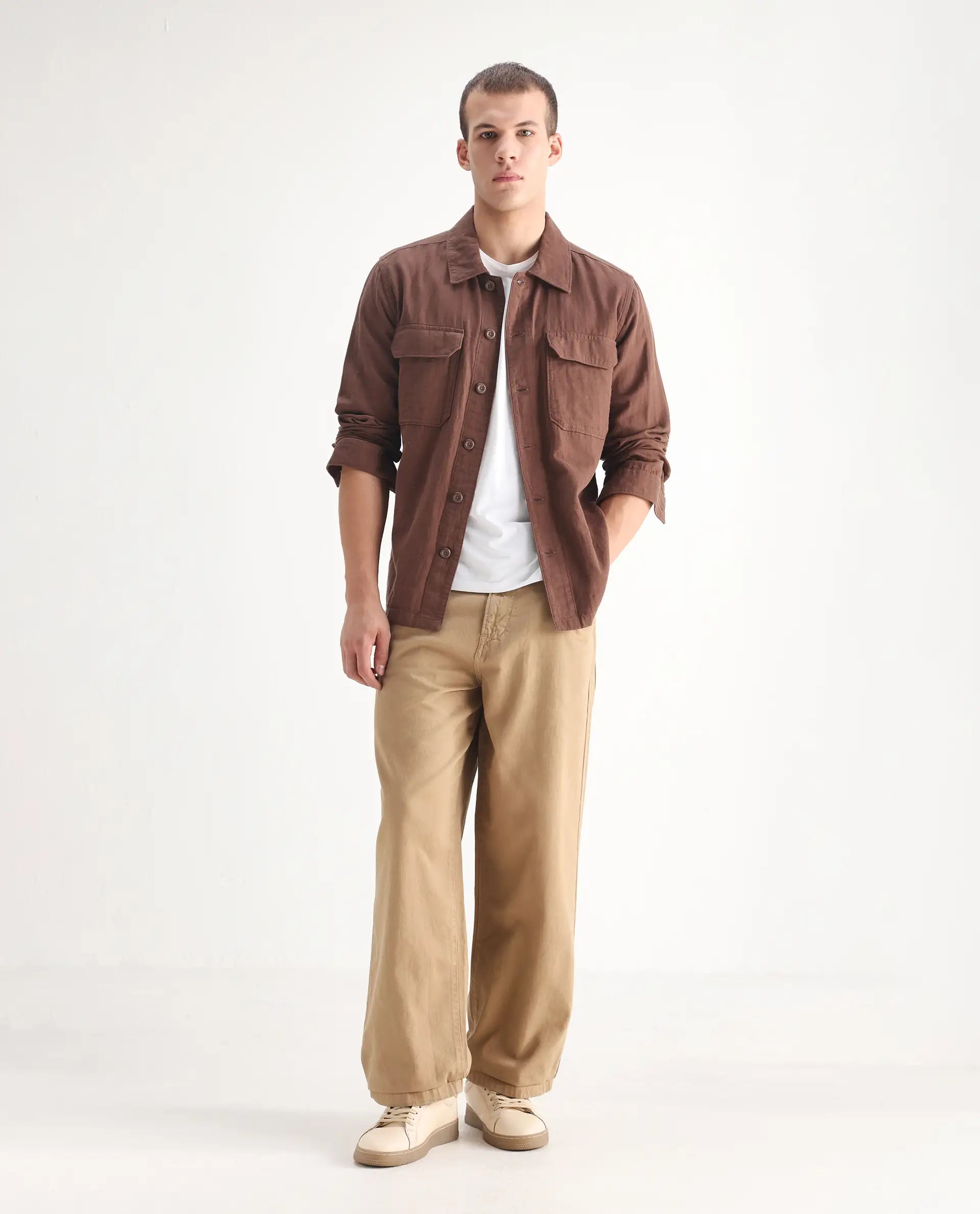 Rare Rabbit Men's Bron Beige Cotton Plain Baggy Fit Jeans