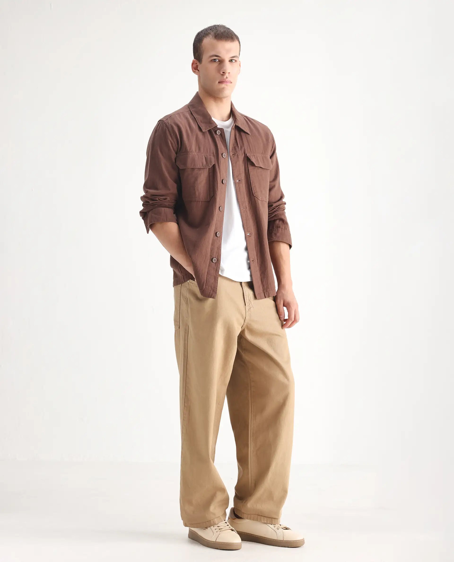 Rare Rabbit Men's Bron Beige Cotton Plain Baggy Fit Jeans