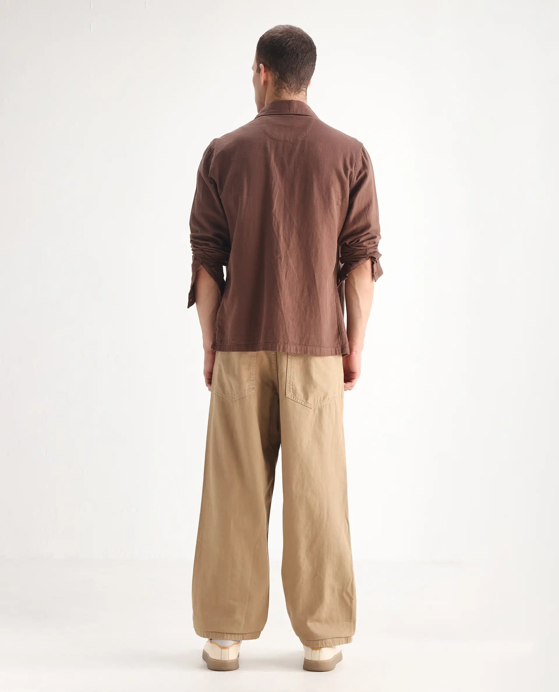 Rare Rabbit Men's Bron Beige Cotton Plain Baggy Fit Jeans