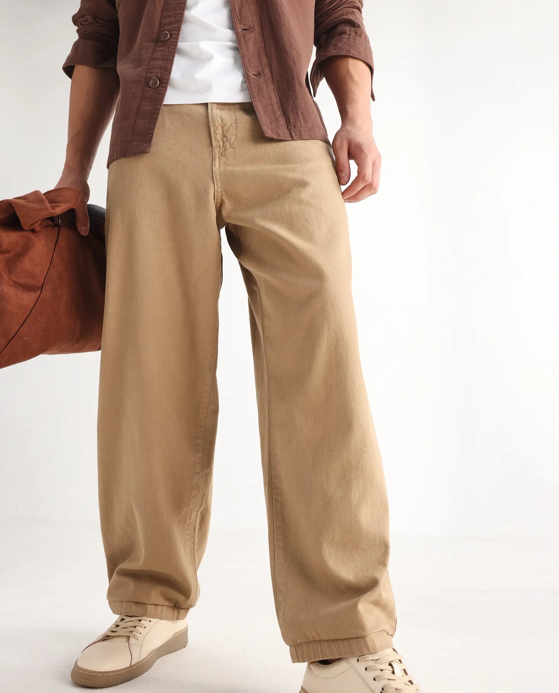 Rare Rabbit Men's Bron Beige Cotton Plain Baggy Fit Jeans