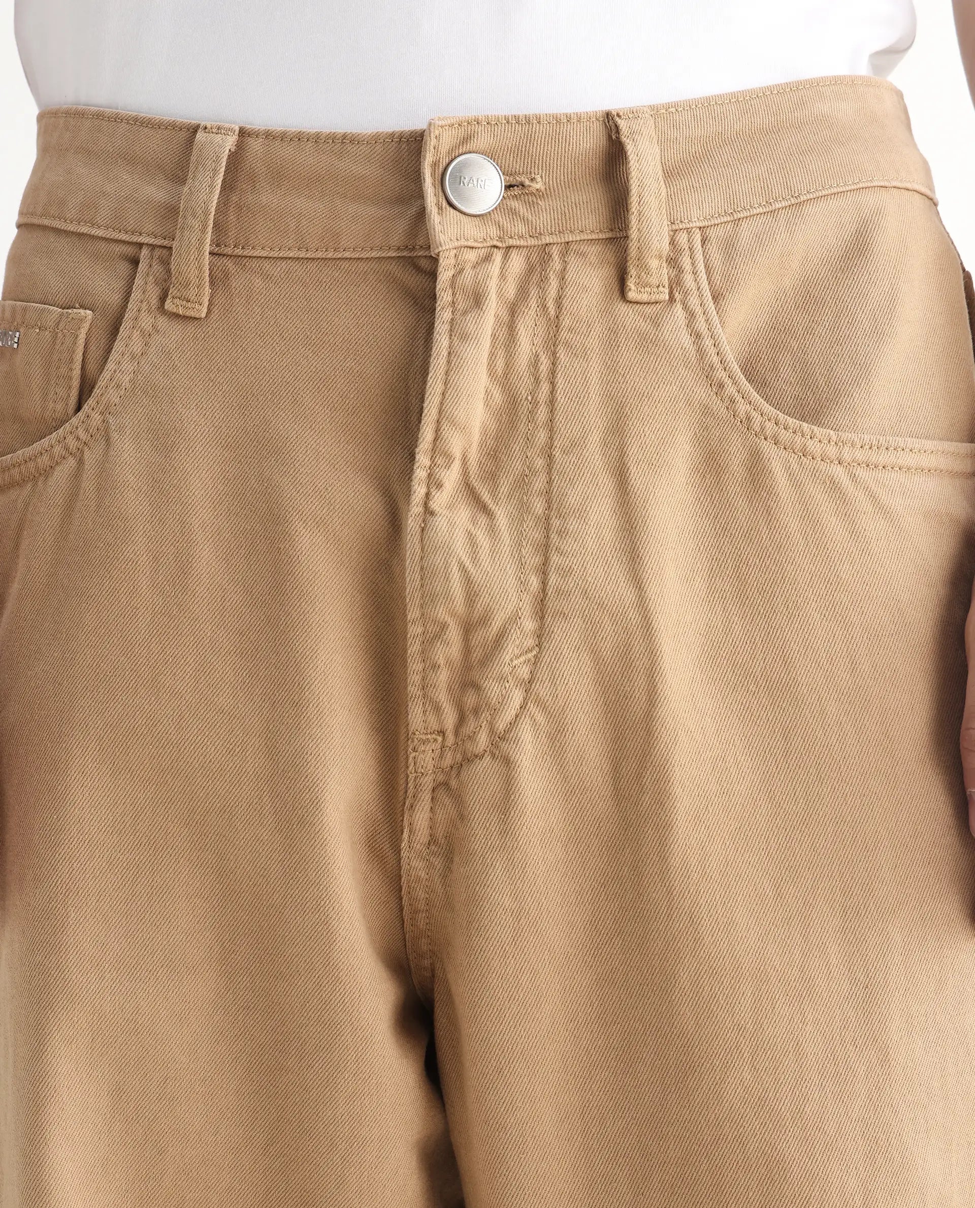 Rare Rabbit Men's Bron Beige Cotton Plain Baggy Fit Jeans