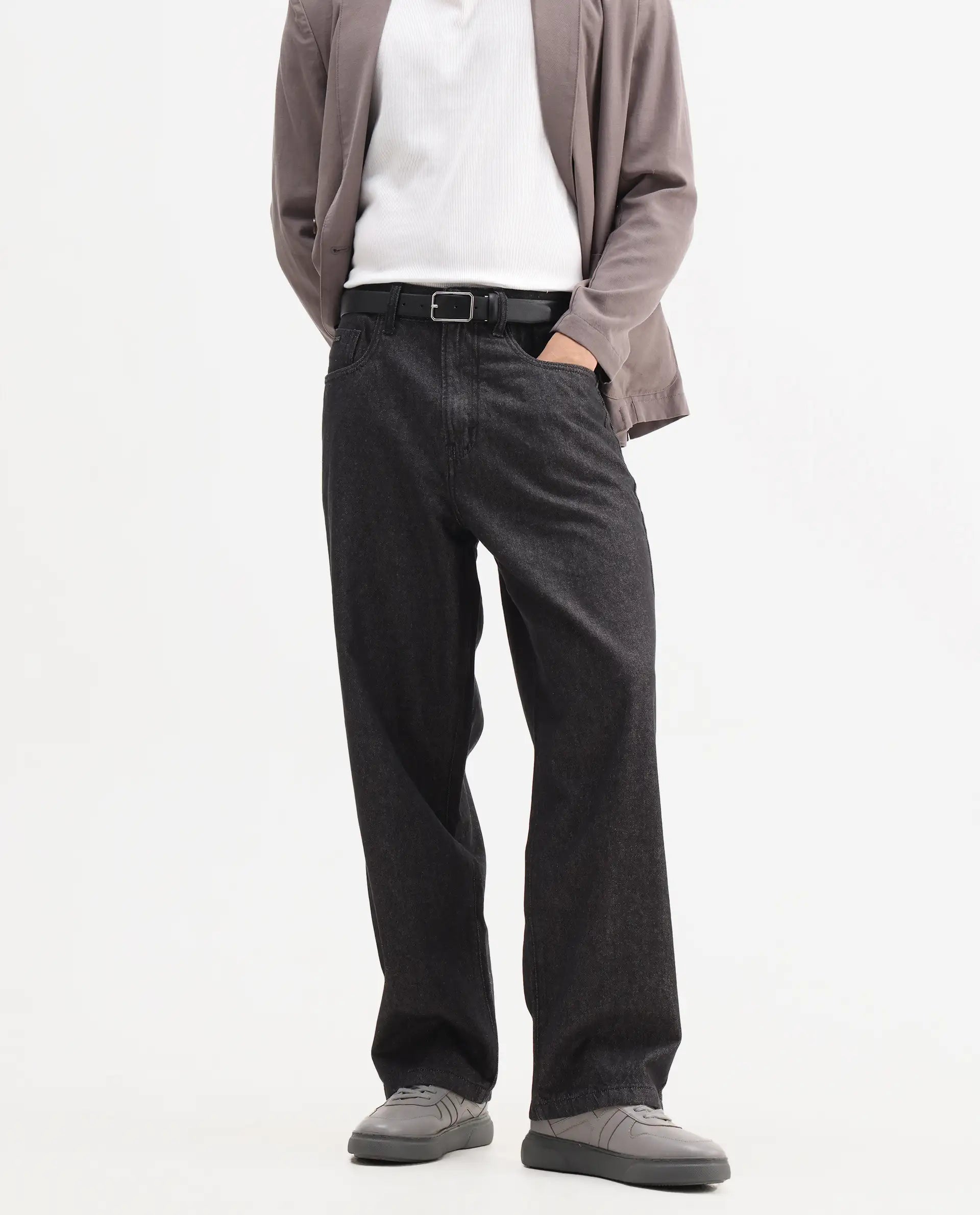 Rare Rabbit Men's Bron Black Cotton Plain Baggy Fit Jeans