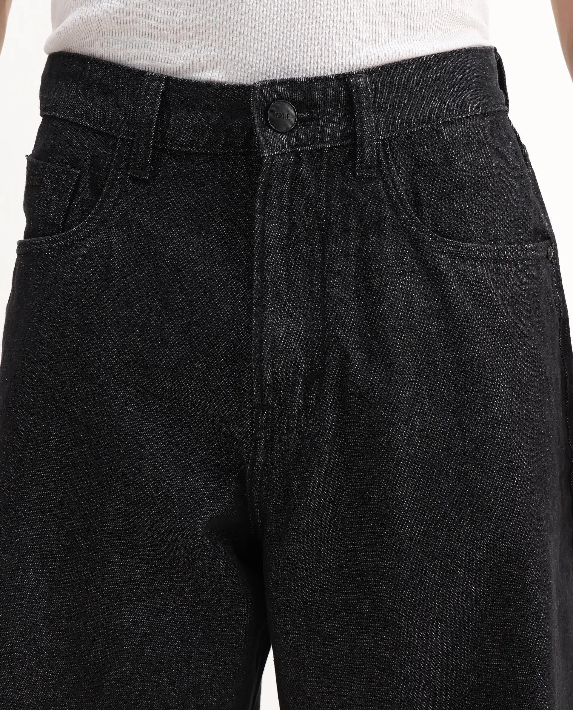Rare Rabbit Men's Bron Black Cotton Plain Baggy Fit Jeans