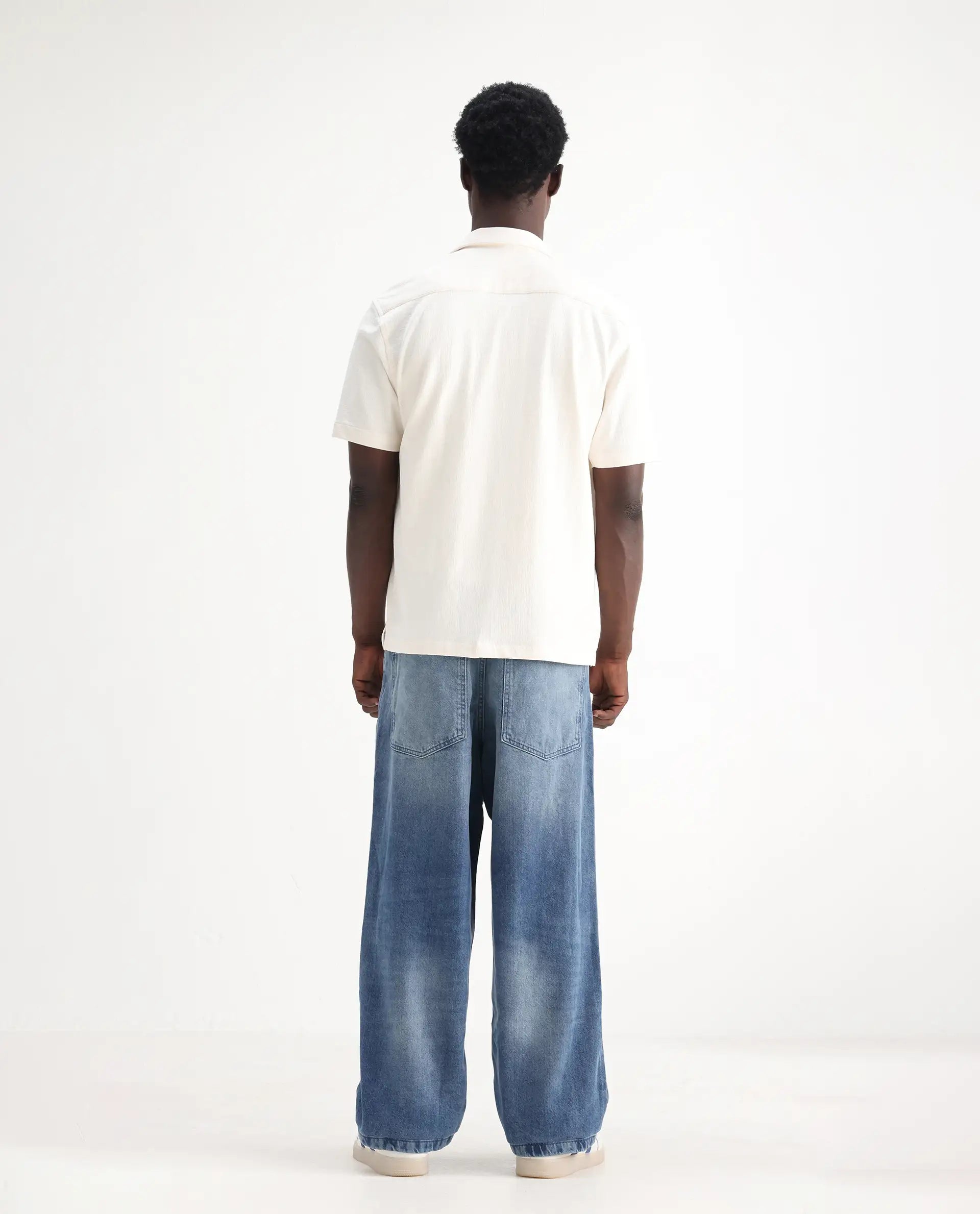 Rare Rabbit Men's Bron Blue Cotton Plain Baggy Fit Jeans